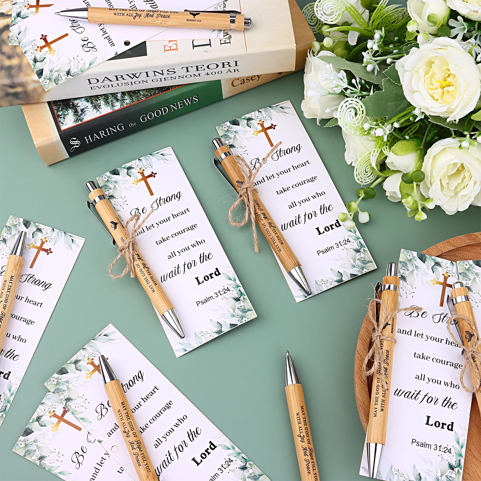 HAOWANWW 60Pcs/30 Bible Gifts Set Bible Pens Christian Bamboo Pen Christian Gift Set Bulk Gifts for Staff Appreciation 30 Wooden Bamboo Pen 30 Inspirational Scripture Quote Cards 10m Twine - Image 4