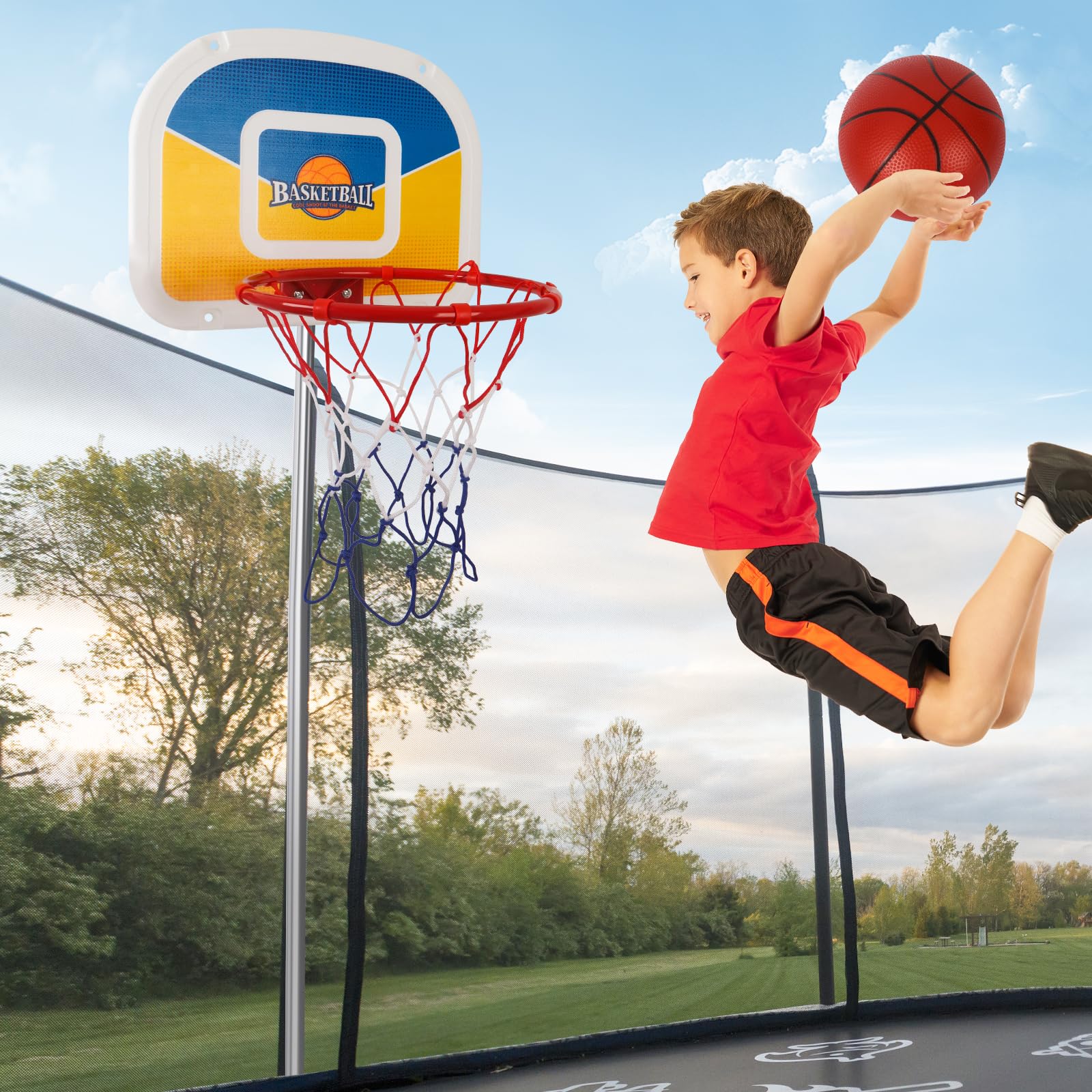 Trampolin Basketballkorb, Basketballkorb für Trampolin mit Pumpe und 2 Mini-Ball, stabil für Kleinkinder und Kinder, Fit für gerade Stange