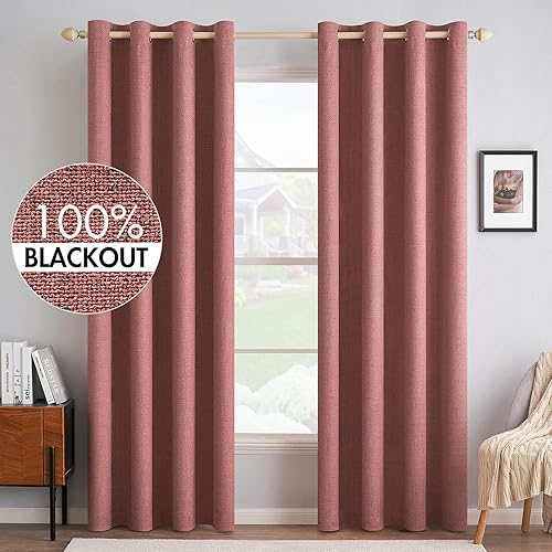 MIULEE Cortinas texturizadas de lino 100% opacas para dormitorio, con aislamiento térmico, color rosa polvoriento, con ojales, cortinas de