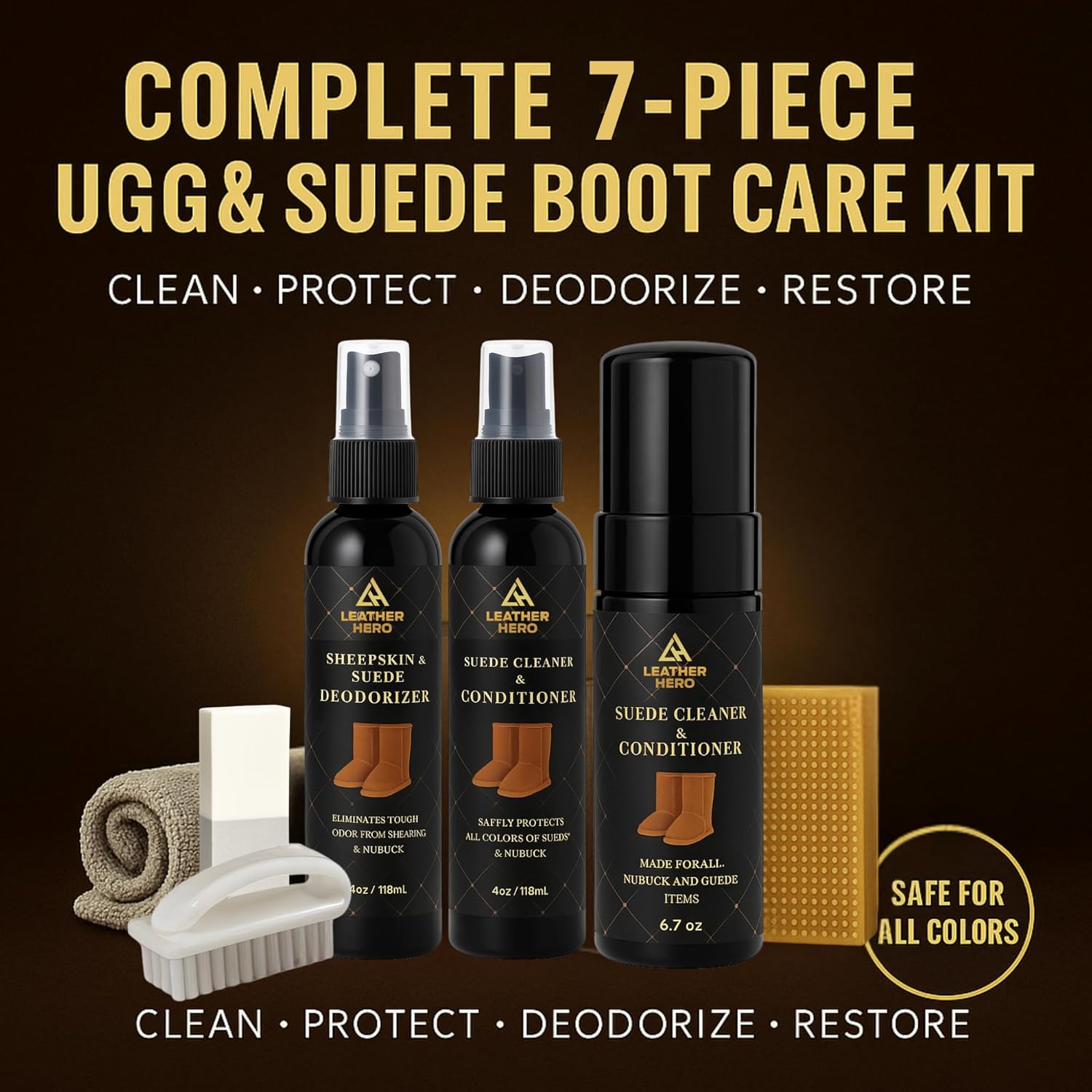 Leather Hero Suede & Sheepskin Cleaning Kit – Compatible with UGG Boots – Foam Cleaner & Conditioner, Water & Stain Protector, Deodorizer, Eraser, Brushes & Cloth – 7-Piece Complete Care Set - Image 2