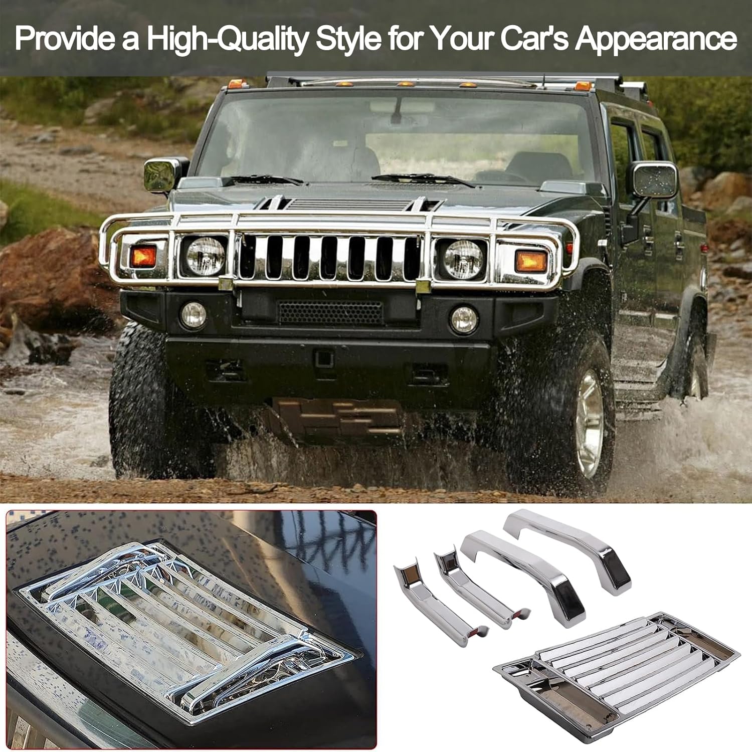 PIUGILH ABS Front Hood Deck Vent Panel Grille Hood Trim Cover Kit for Hummer H2 2003-2009 Accessories, Hood Top Handle Trim Cover Kit (Bright)