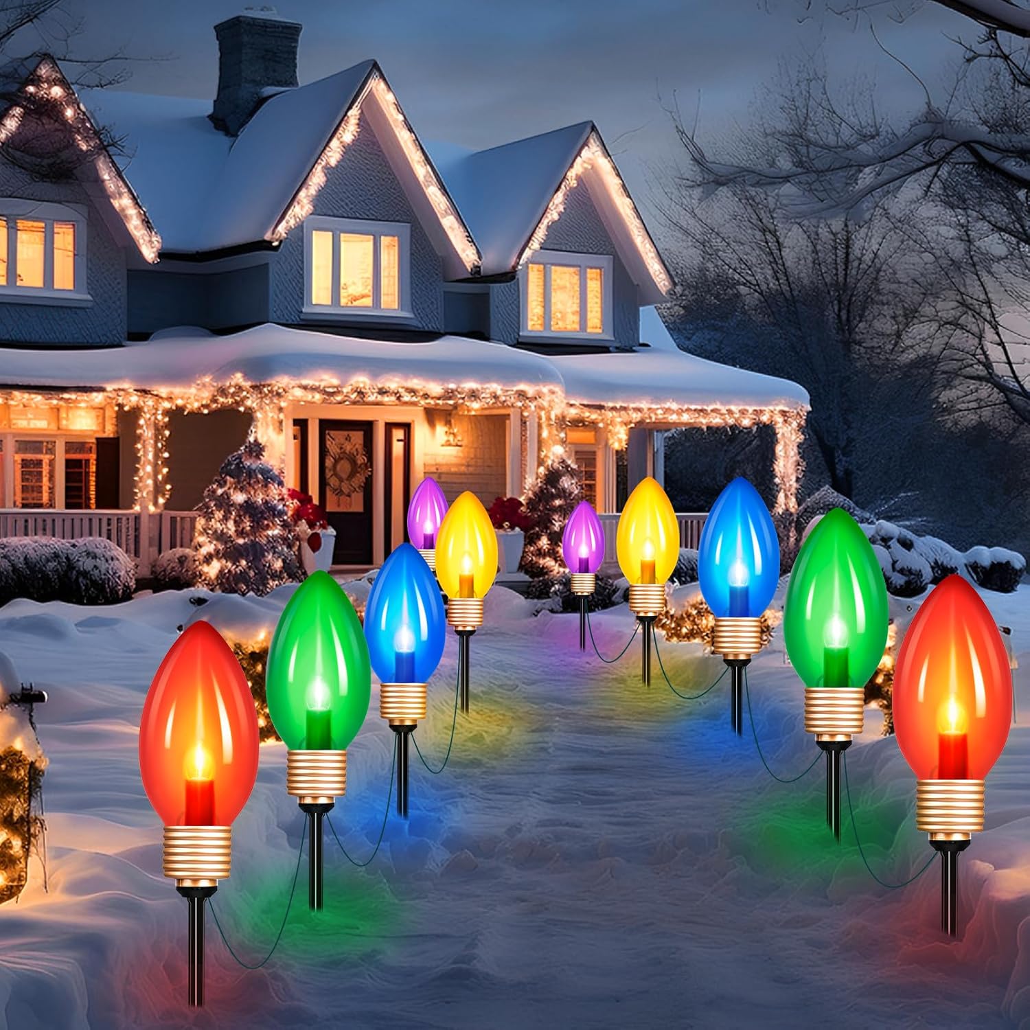 Jumbo C9 Christmas Pathway Lights Outdoor, 2Pack 17Ft Outdoor Christmas Walkway String Lights with 10 LED Jumbo C9 Multicolor Light Bulbs Lights Outdoors for Lawn Holiday Garden Decor