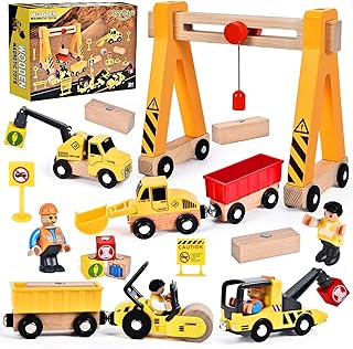 Herenear Construction Vehicles Children's Wooden Toy, Construction Site Children, Wooden Construction Vehicles Gift, Wooden Construction Kits with Gantry Crane, Crane Truck, Road Roller, Crane,