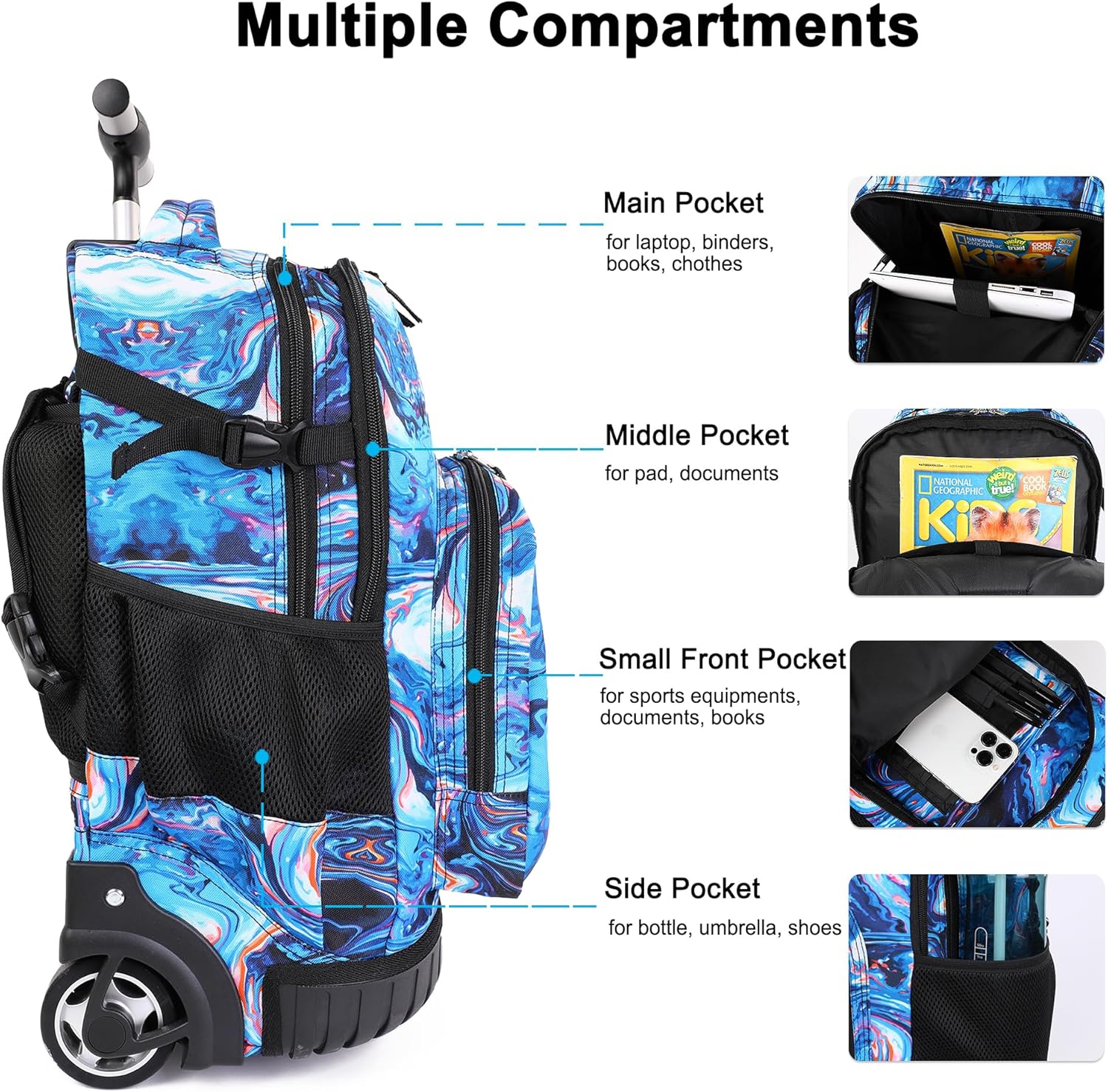 Tilami Rolling Backpack, 18 inch Shoulder Drop, Concealed Pockets and Wheel Cover, Laptop Backpack for Boys and Girls, Painting Blue - Image 4