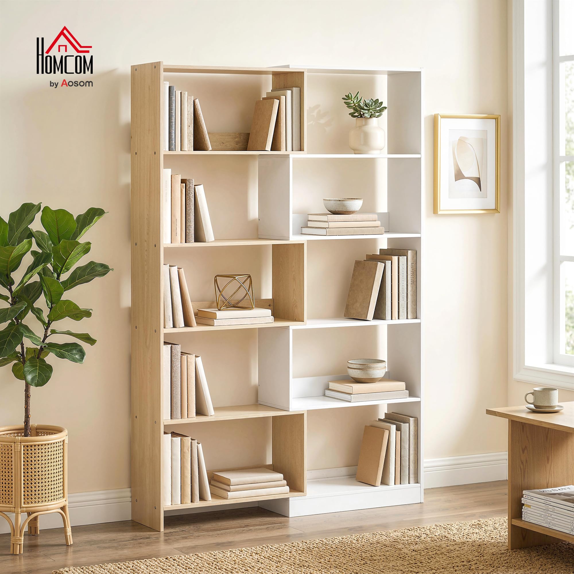 HOMCOM Libreria Scaffale a 5 Ripiani, Design Rotante a 350°, 3 Modi di Disporre, Libreria Angolare ad L Salvaspazio, Scaffale Portaoggetti per Soggiorno Ufficio, 111.5x23.8x163.7 cm Color Legno/Bianco