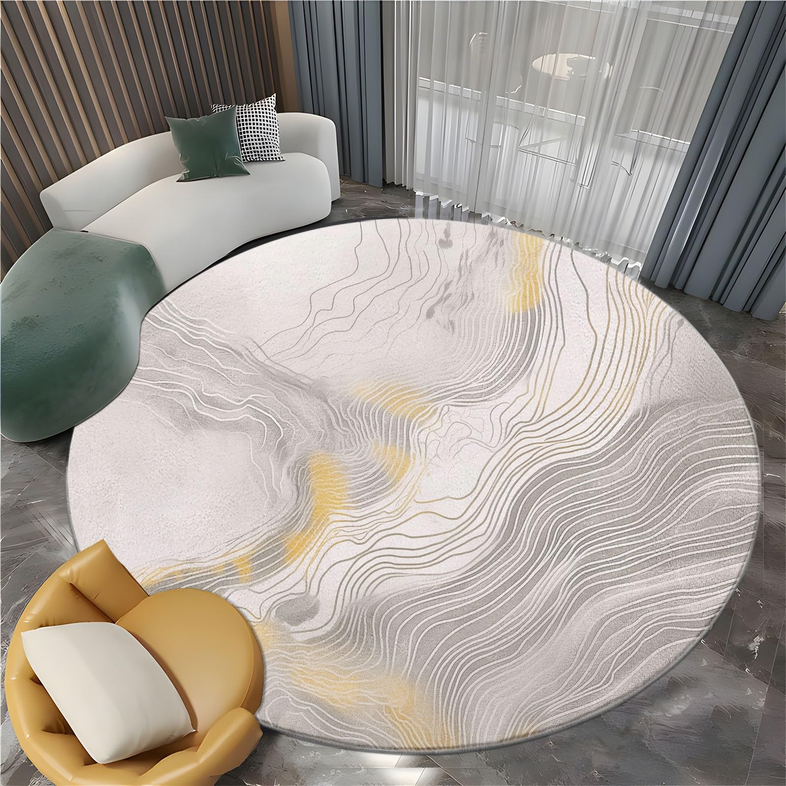Tapis Ronds Lavables 120 cm, Marbre Texturé Doré Tapis Rond Antidérapant pour Salon, Surréalisme Rugs Rond à Poils Courts Doux pour sous Table à Manger