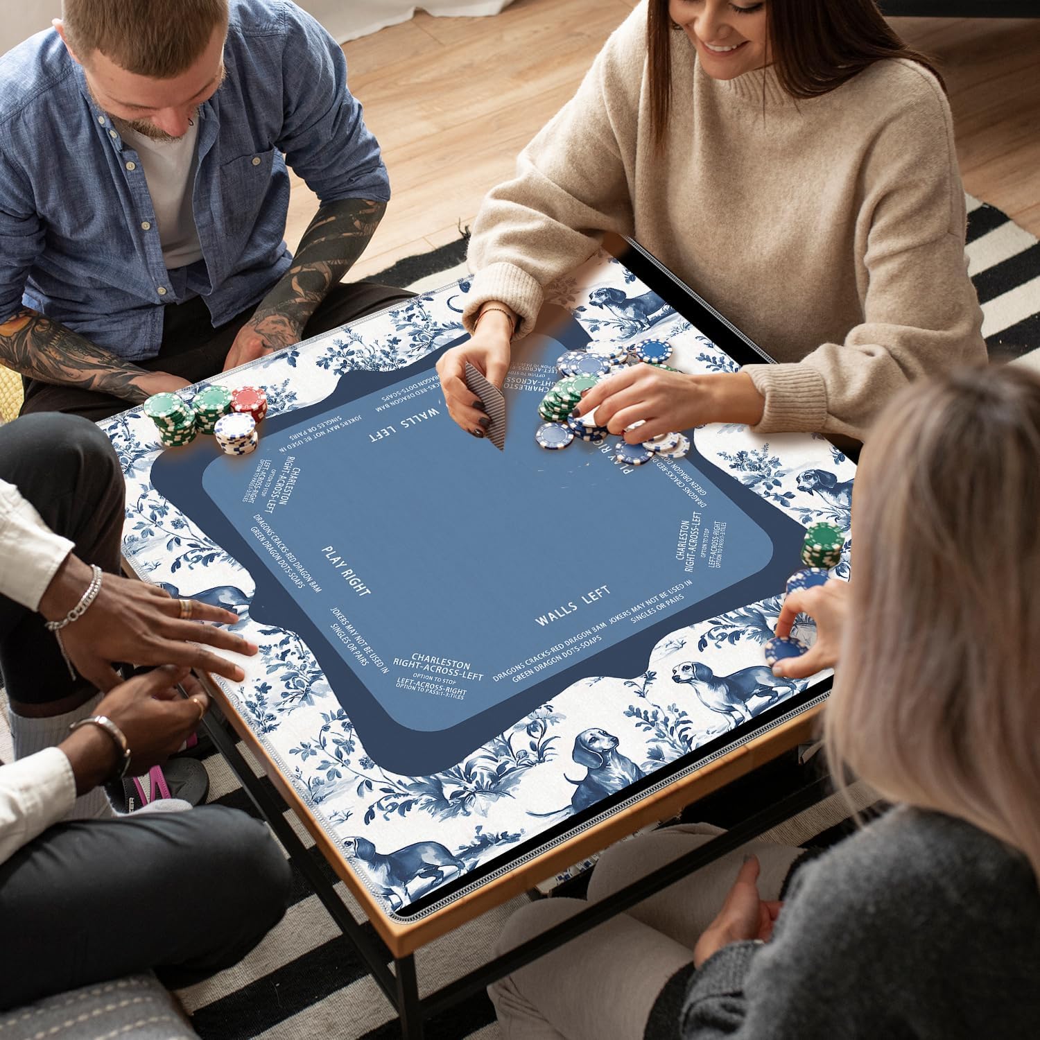 Blue Chinoiserie Dachshund Mahjong Mat 31.5 x 31.5 in, Blue and White Porcelain Chinese Non-Slip Noise Reduction Mahjong Table Mat for American Mah Jong Poker Board Games Card Games Dominoes