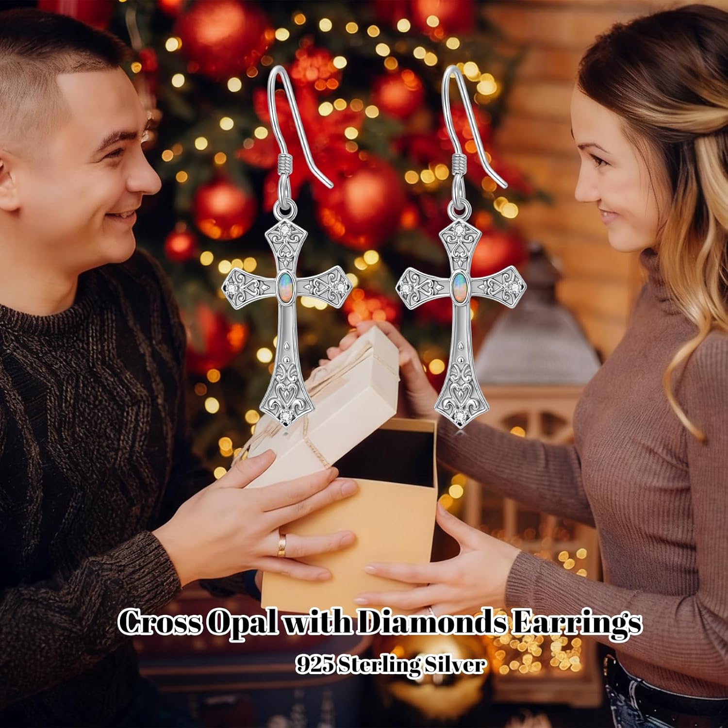 Opal with Genuine Diamonds Earrings 925 Sterling Silver Dainty Cross October Birthstone Dangle Earrings Valentine's Day Jewelry Gift for Women Her