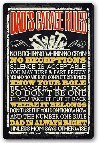 Letreros divertidos de garaje para papá, letrero de reglas de garaje para papá, decoración de cueva de hombre, regalos para hombres, papás, garaje,