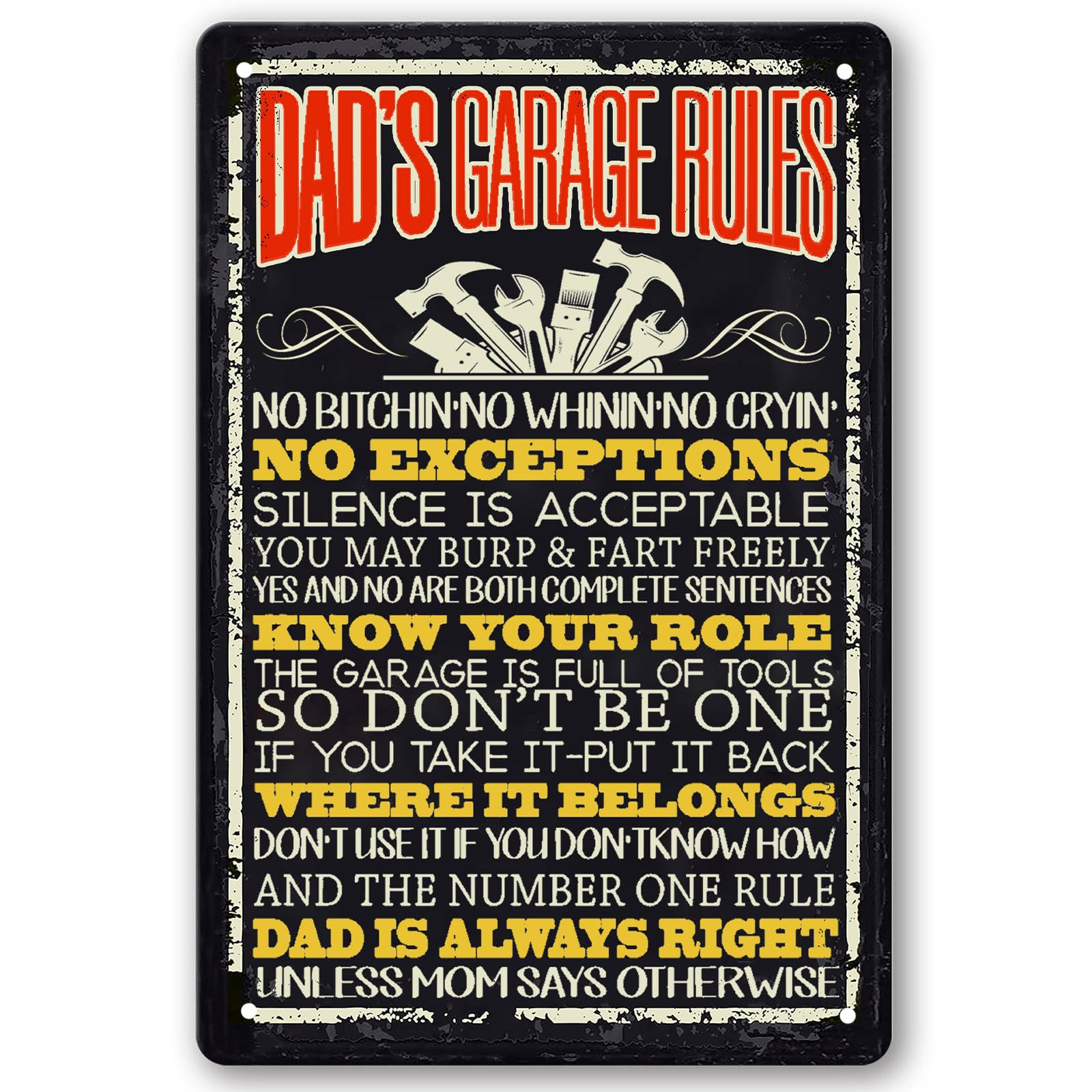 SMAZDFXX Vintage Dad Garage Rules Metal Tin Sign Man Cave Decor For Men Cool Garage Accessories Mechanic Shop Decor 8"x12"