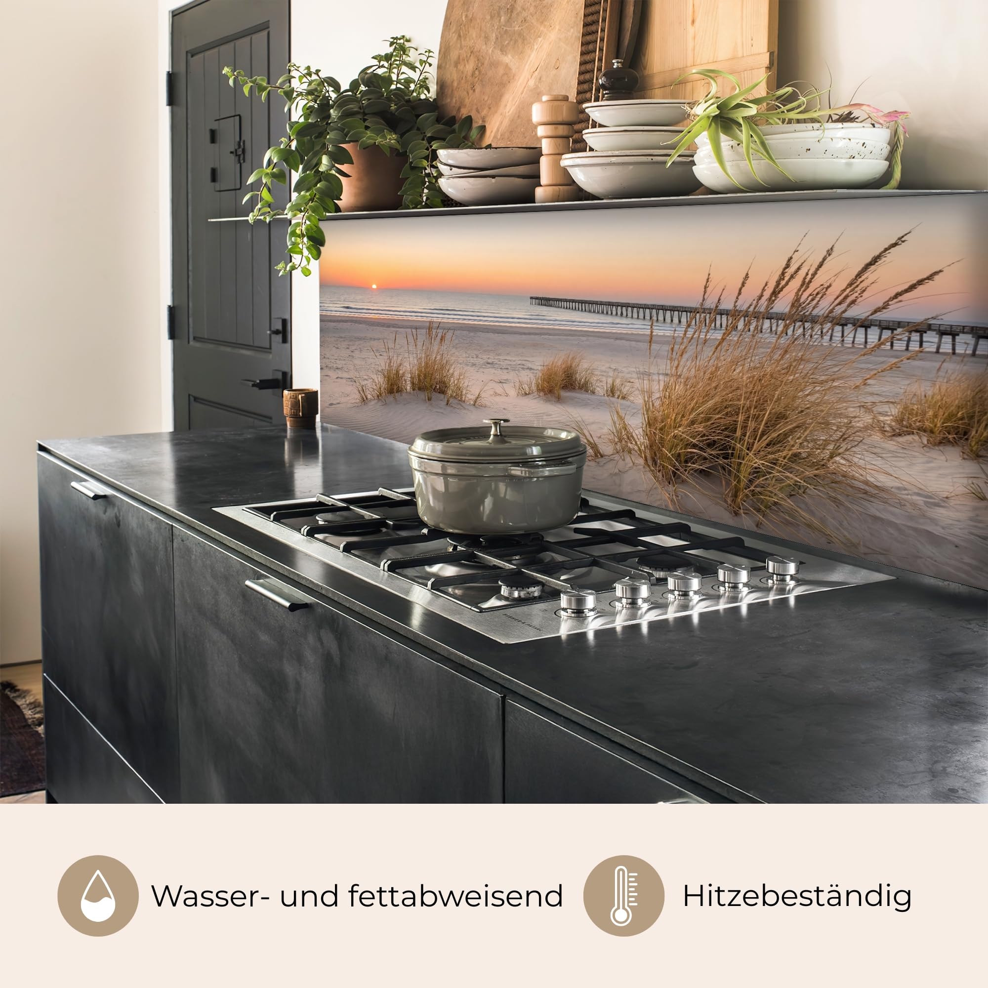 KitchenYeah© Küchenrückwand Selbstklebend 60x150 cm Küchenspritzschutz Rückwand Wandschutz Ohne Bohren Spritzschutz Wand Wandverkleidung Pier - Sonnenuntergang - Strand