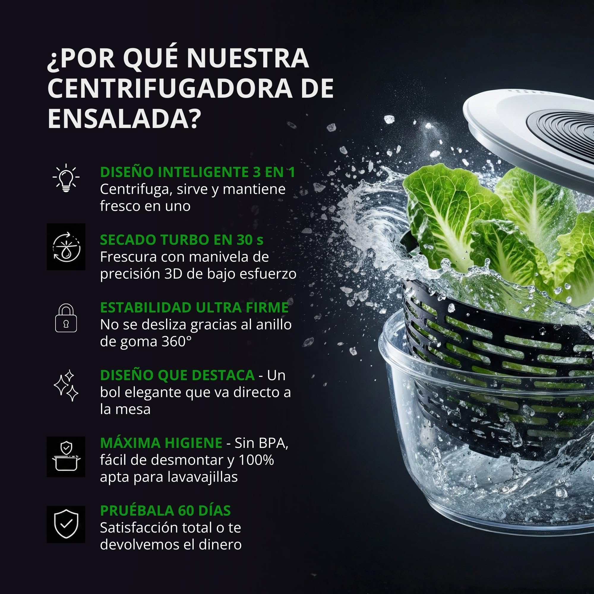 Centrifugadora de ensalada Premium 5 L – 60 días sin riesgo – 2 en 1 antideslizante: centrifugadora + bol – Ø 24,5 cm – libre de BPA – lavavajillas – para secar ensalada/lechuga – eBook incluido