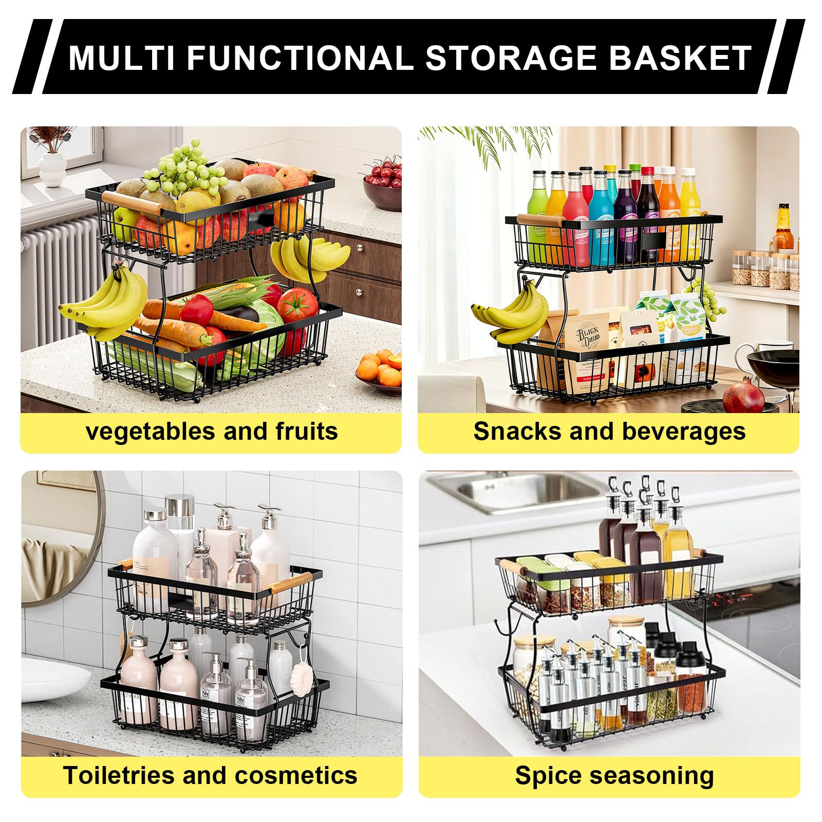 Porta Frutta Da Tavolo a 2 Livelli, Portafrutta a Ripiani In Metallo, Cestino Frutta con 2 Portabanane Ideale Per Mele, Banane, Cipolle e Snack
