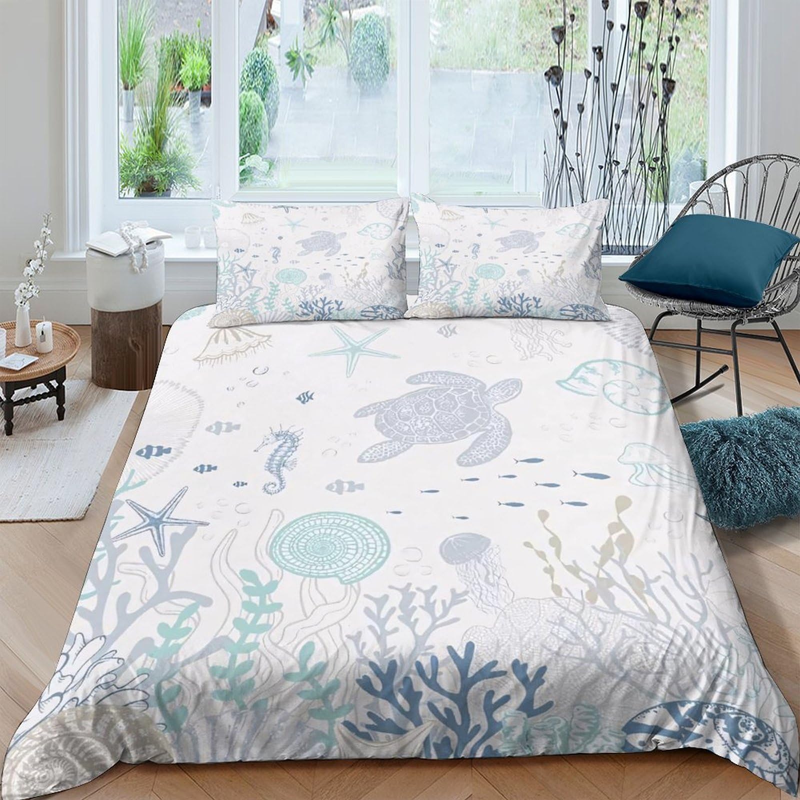 GPLZQXKJNH 3D Printed Ocean Underwater Duvet Cover Set Microfiber Soft Breathable Sea Life Bedding Set with 2 Pillowcases for Bedroom Decor Single（135x200cm）