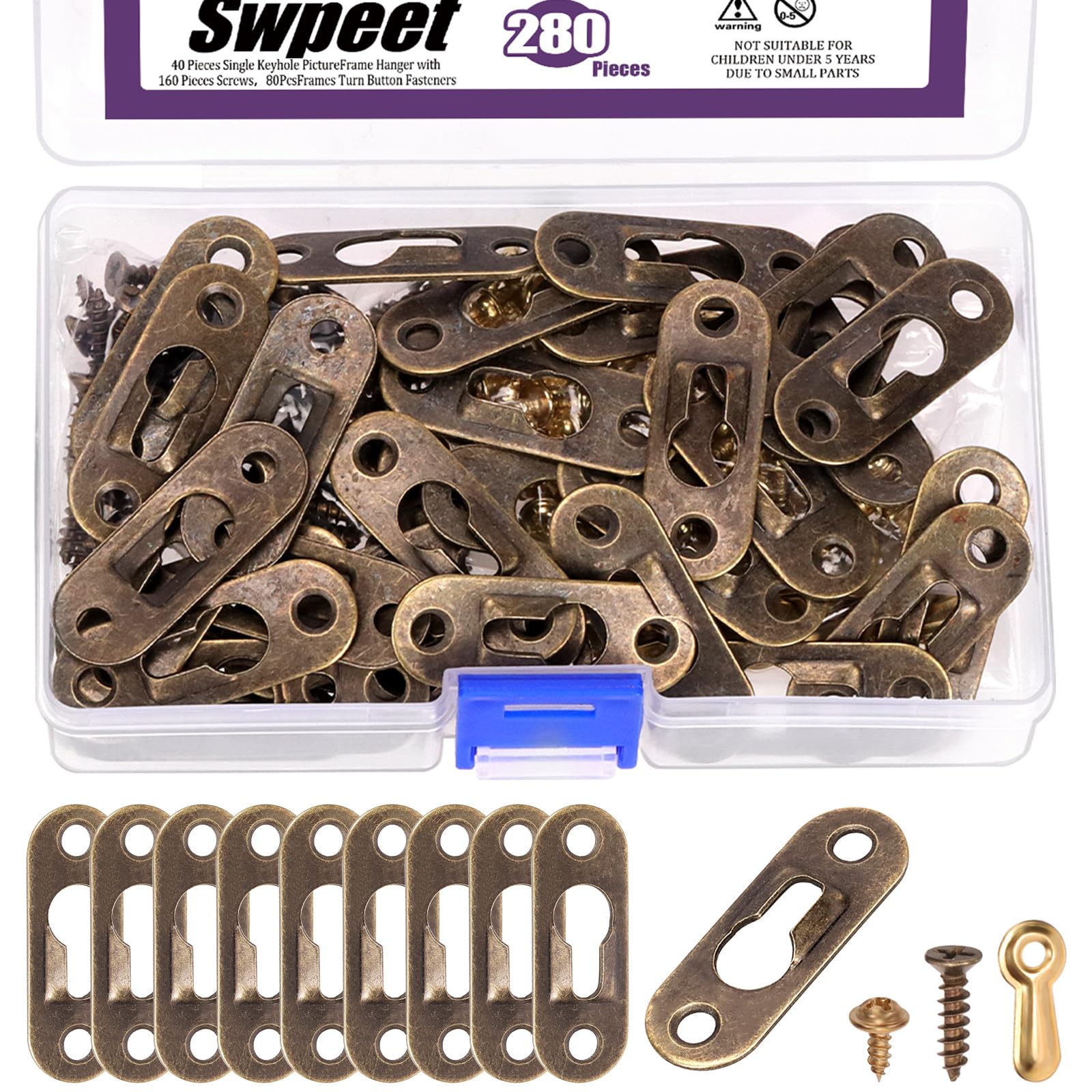 Swpeet 280Pcs 45 x 16mm Bronze Carbon Steel Single Keyhole Hangers with Screws and Picture Frame Turn Button Fasteners Assortment Kit