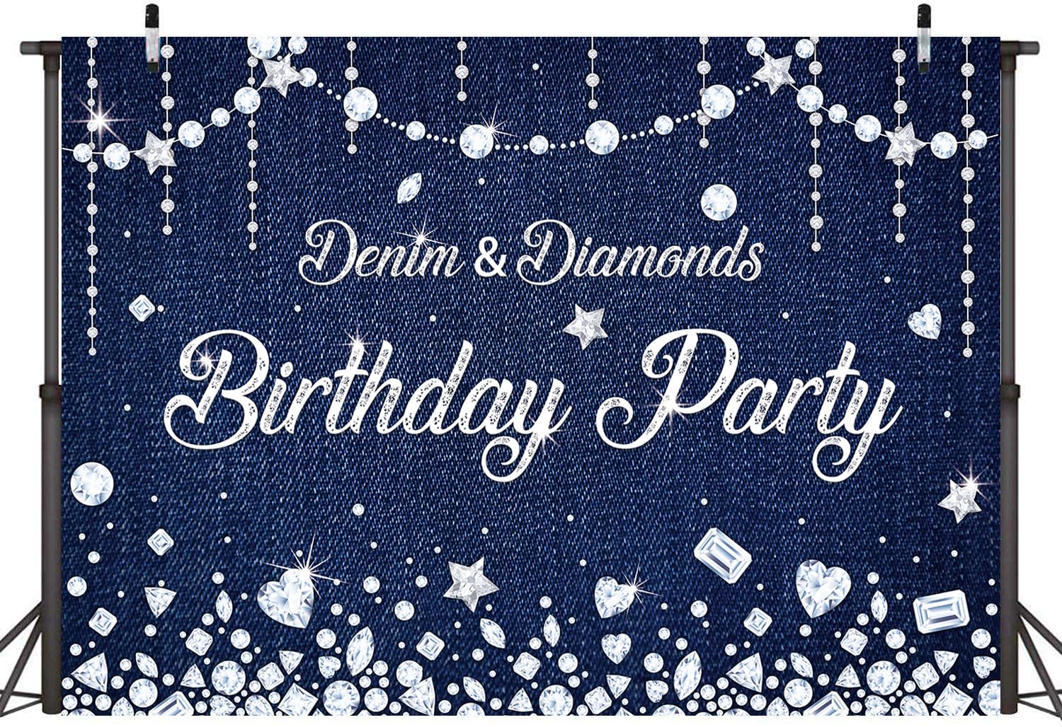 LTDKAEN Denim and Diamonds Birthday Party Backdrop Navy Blue Diamonds Happy Birthday Denim Photography Background Banner Party Decorations 7x5ft