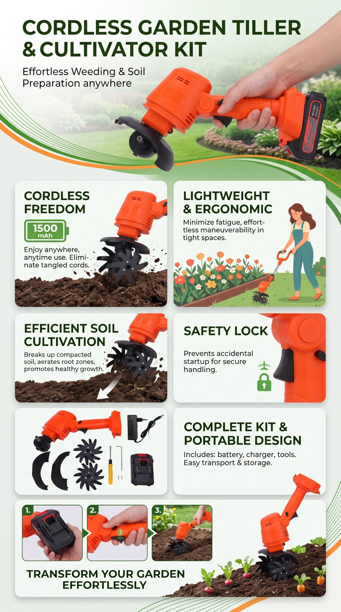 CHICIRIS Coltivatore a Batteria Alimentato a Batteria con Al Litio da 1500 MAh Mini Motozappa per Diserbo Coltivatore da Giardino con Blocco di Sicurezza Maniglia (Spina UE da 100 a 240 V)