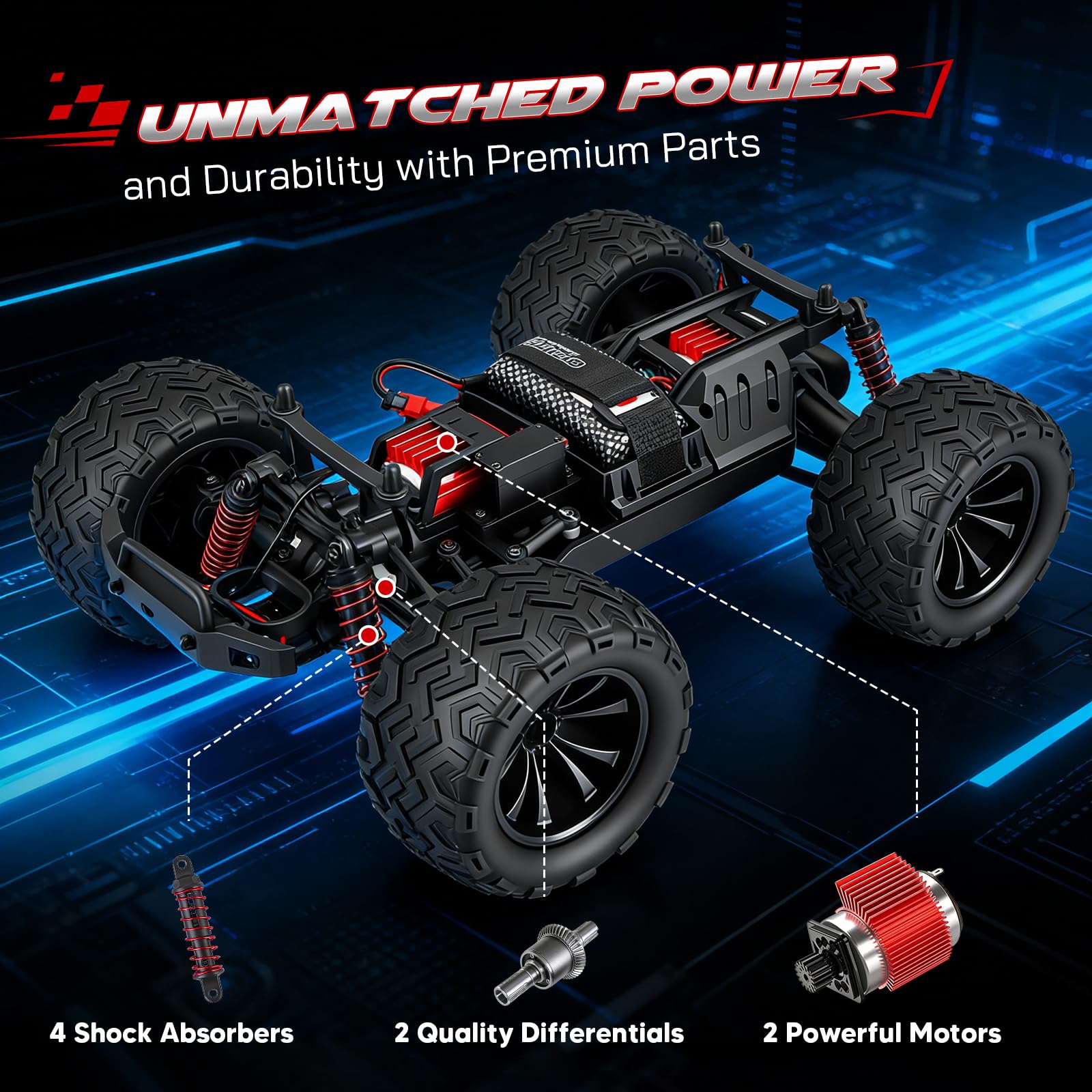 Ferngesteuertes Auto,RC-Auto im Maßstab 1:16, Allrad-Offroad-RC-Truck mit hoher Geschwindigkeit (über 60 km/h), RC-Truck mit zwei wiederaufladbaren 1500-mAh-Akkus und zwei Karosserien (Modell 9500E)
