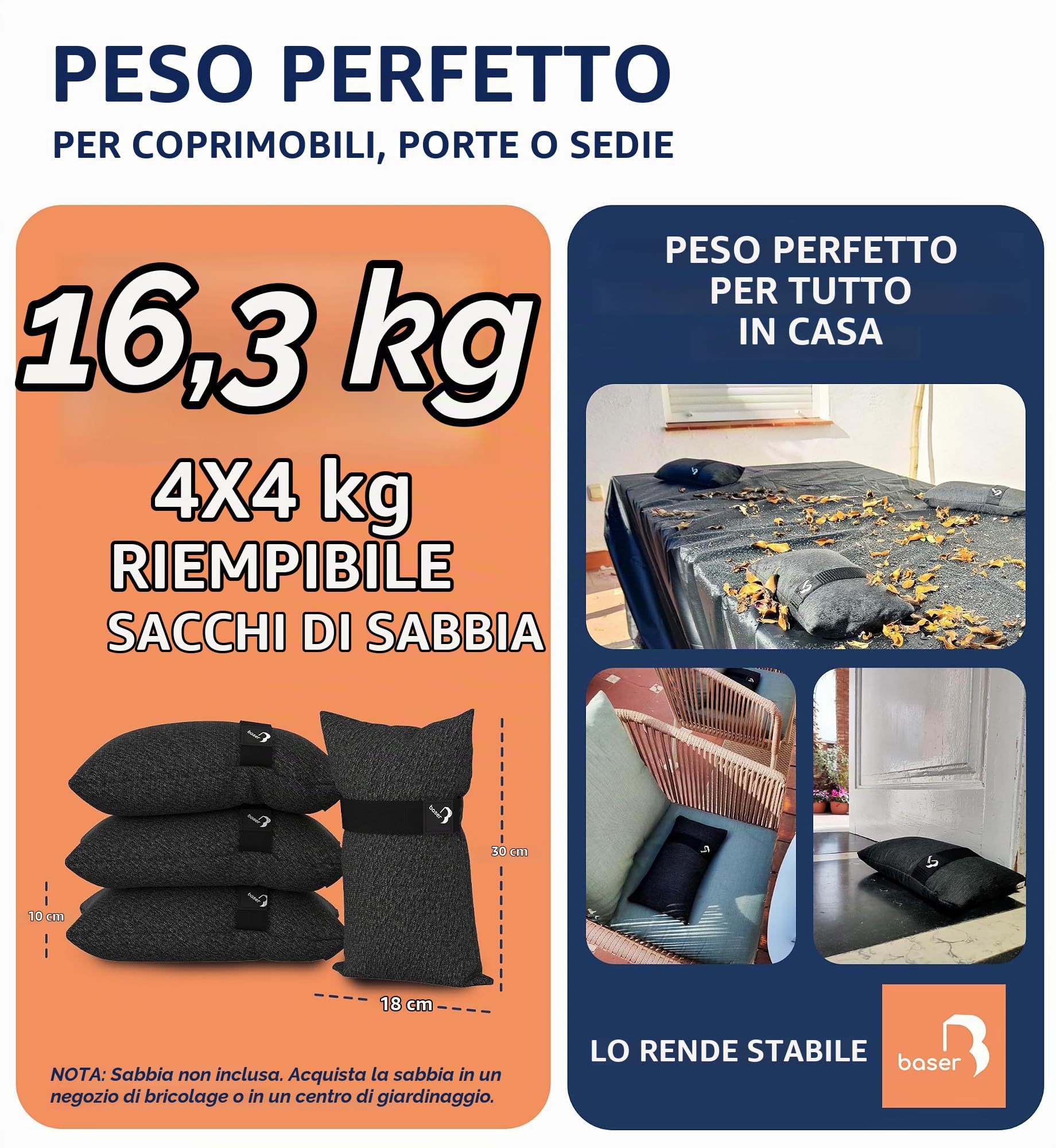 Baser Sacchi Pesi 4x4kg – Zavorra per Gazebo Pieghevole e Pergolato da Giardino – Base per Gazebo Esterno Resistente e Ombrelloni, Senza Sabbia
