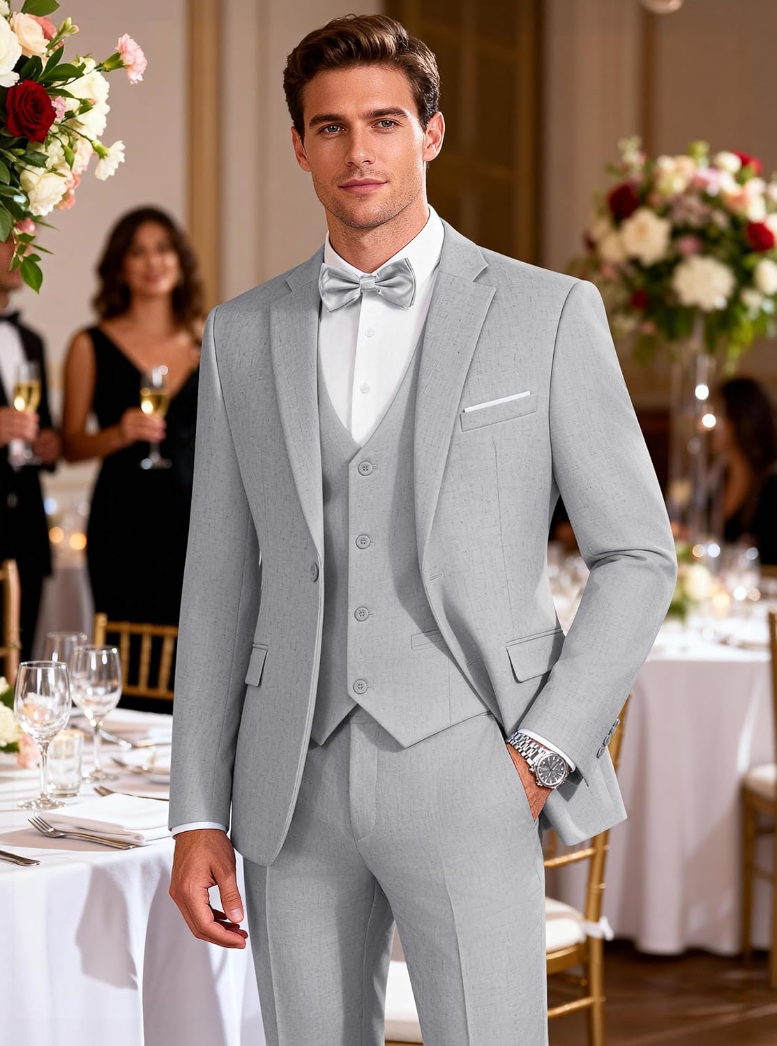 WULFUL Mens Suit 3 Piece Slim Fit Suits for Men One Button Blazer Jacket Pants Tuxedo Suit Set for Prom, Wedding and Business