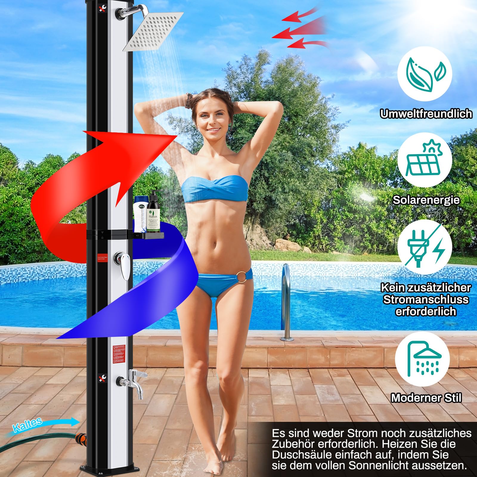 Solardusche 35 L, Gartendusche Warmwasser bis 60°C, mit Regenduschkopf, Wasserhahn, Seifenkiste & Schutzhaube, 4PCS Bodennägel, Pooldusche Camping für Garten, Balkon & Pool, ohne Stromanschluss