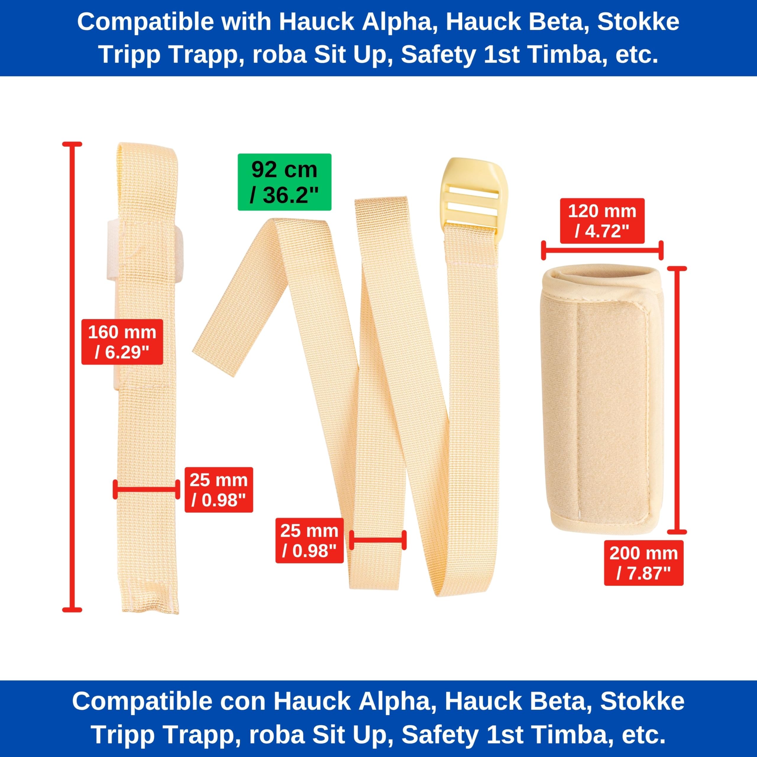 Set cintura inguinale con protezione cintura per seggiolone, confezione da 3, in beige, due cinture compatibili con Hauck Alpha Beta, Stokke Tripp Trapp, roba, Kinderkraft, ecc.