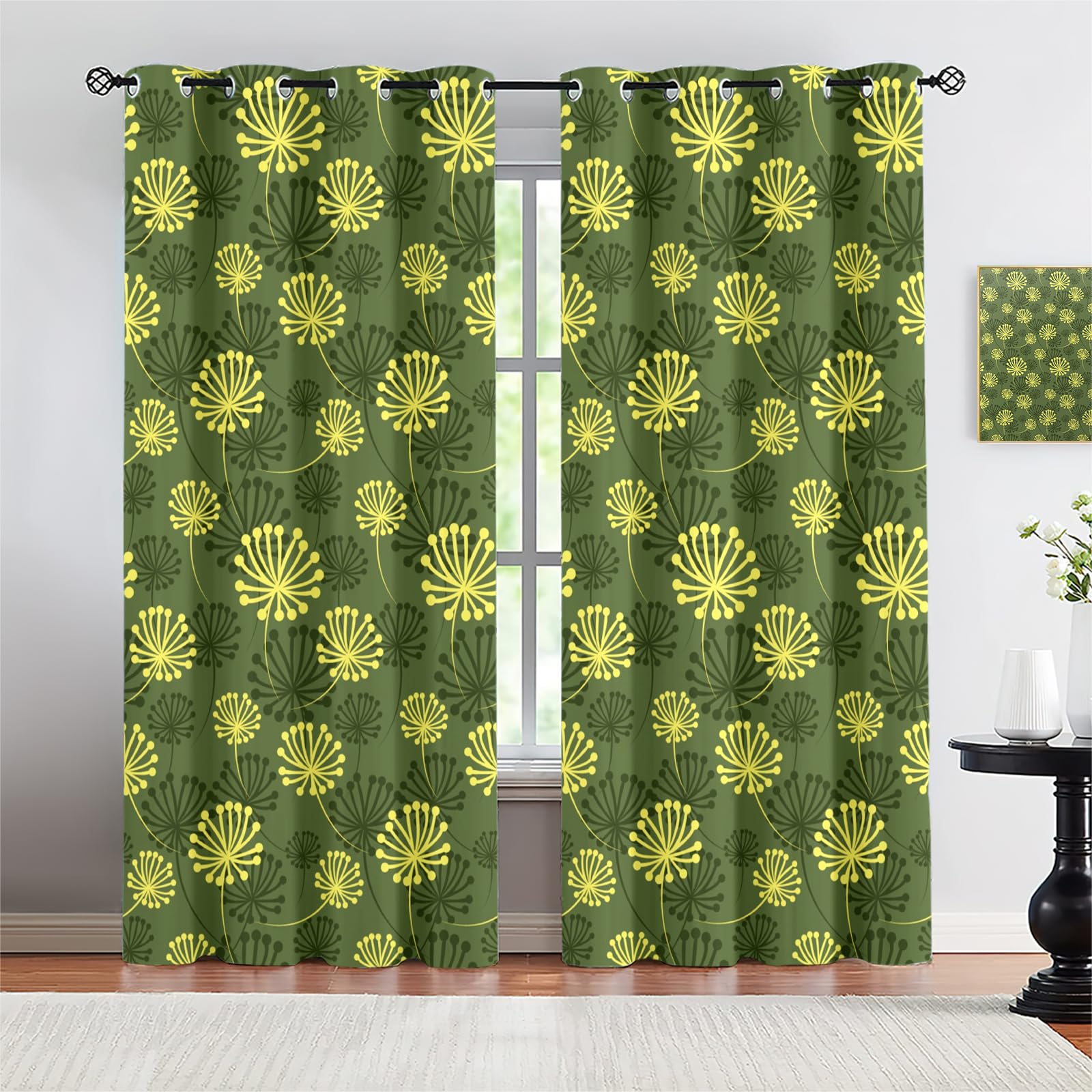 CTTELUN Green Background Blackout Window Treatments, Plants Flowers Leaves Eyelet Window Curtains, Polyester Washable Privacy Print Window Drapes for Children Kids Boys Girls 26