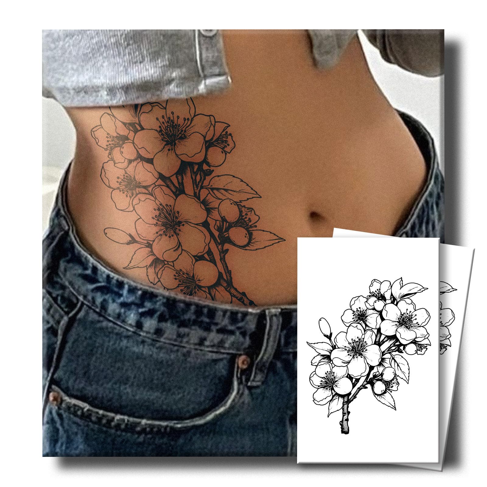 Tattoo Tech, 2 Sheets Large Semi Permanent Tattoo, Lasts 7-15 Days Temporary Tattoos(Flowers with Branches), Waterproof and Non-Reflective, for Arm