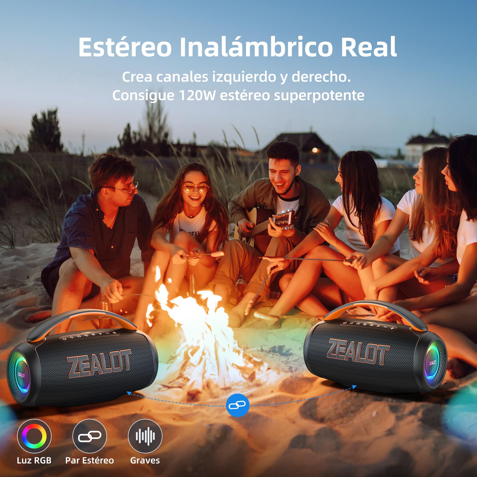 Zealot Altavoz Portátil con Potente Sonido 60W, Luces Led y Bluetooth 5.3, Resistente al Agua IPX6 para Exterior, Sonido Estéreo, 20H de Duración de La Batería, Negro