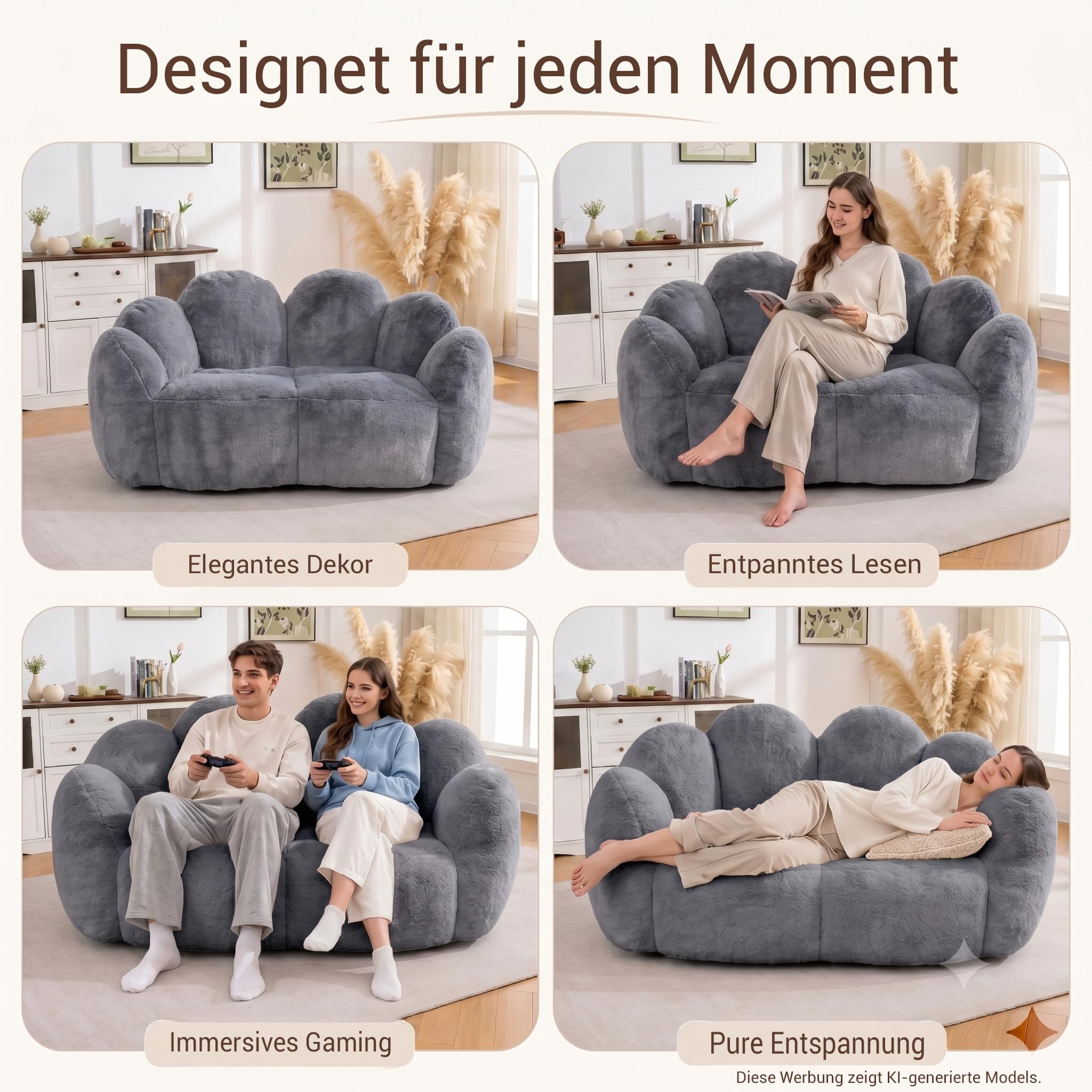 UUKRAVE Pouf double en forme de fleur pour adulte, canapé surdimensionné en fausse fourrure, fauteuil de salon doux avec mousse haute densité pour salon, chambre à coucher, salle de jeux, gris