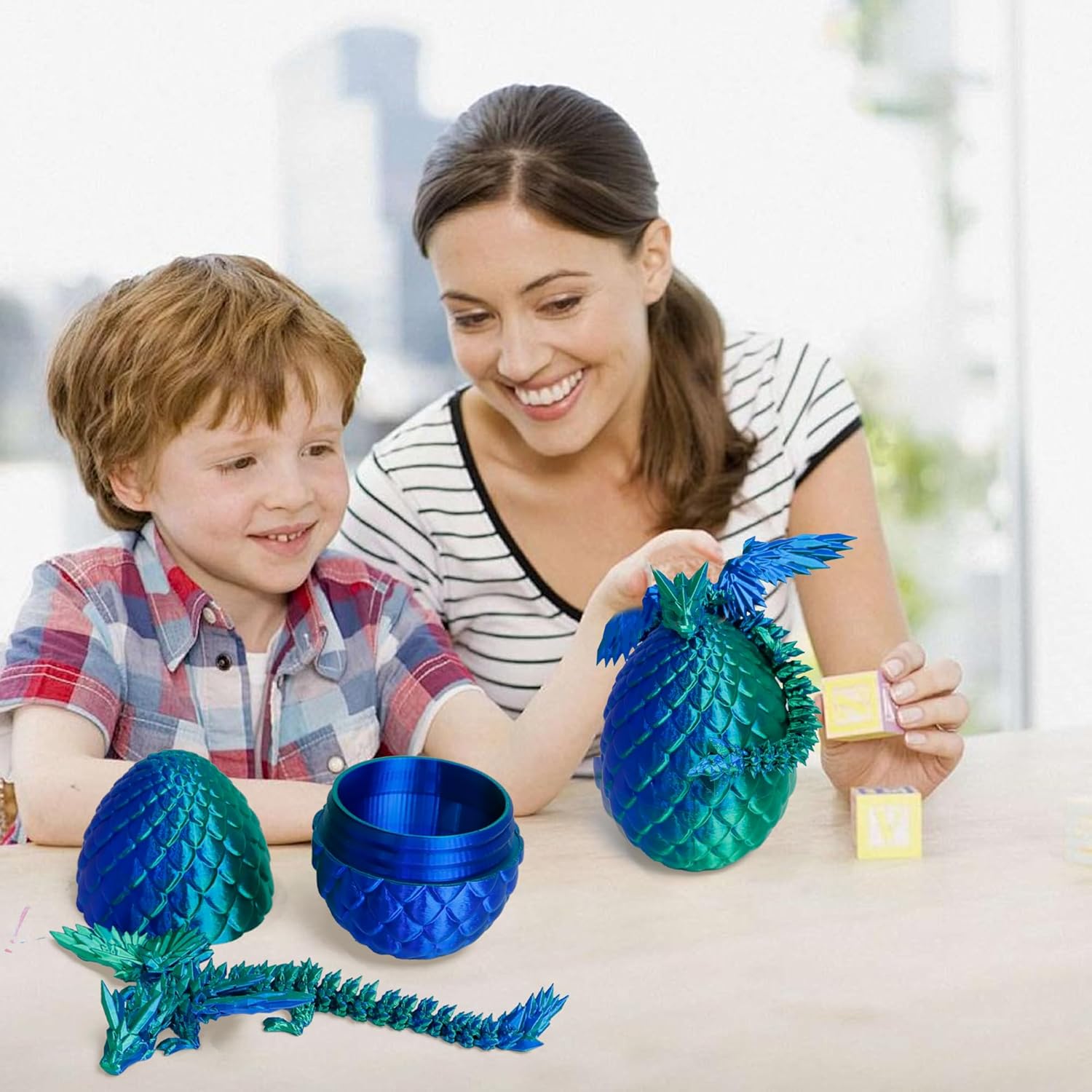 3D Printed Flying Dragon in Egg - Dino Easter Egg with 9" Winged Dragon Inside, Colorful Fidget Toy, Birthday Gift, Flexible Desk Pet Figure (Green Blue) - Image 6