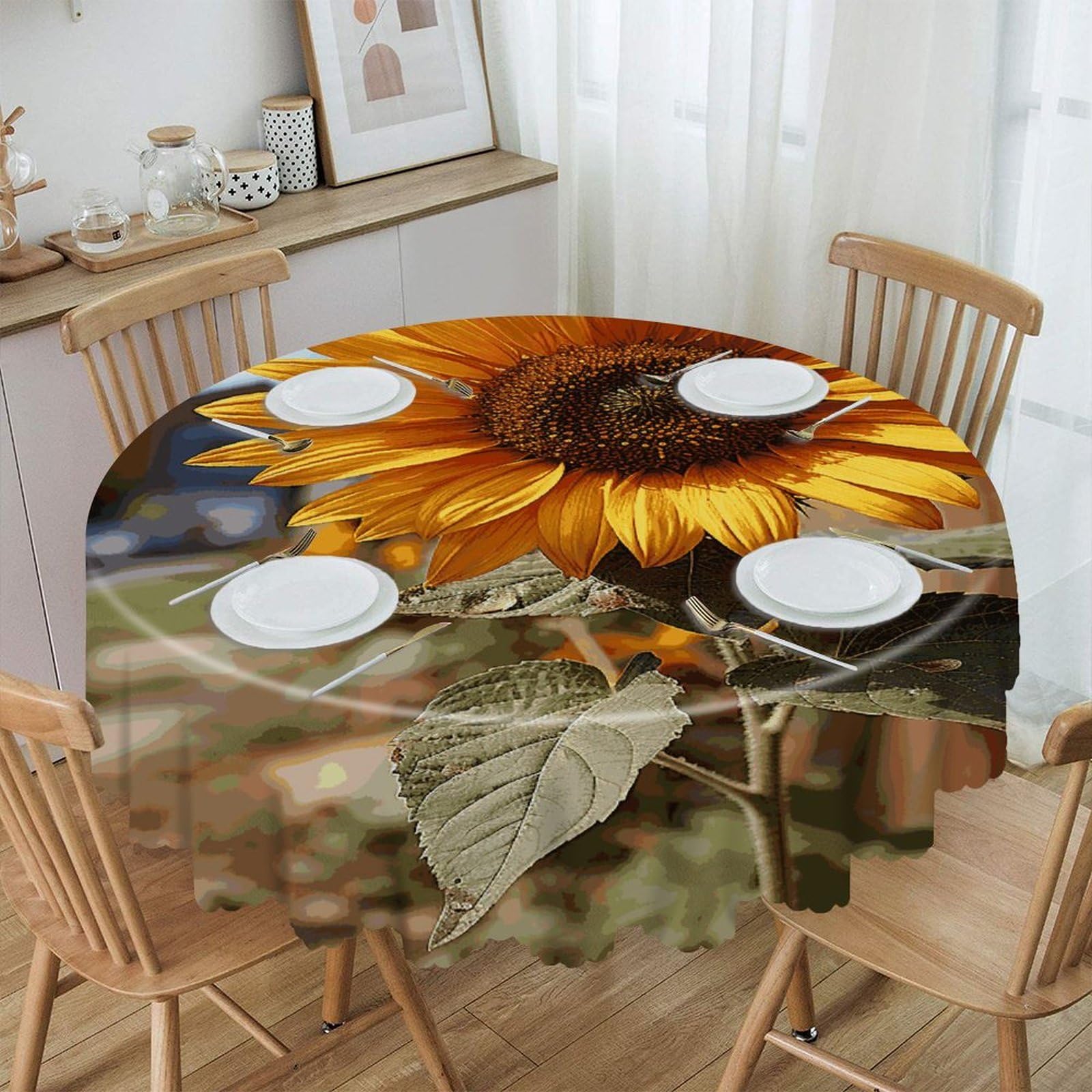 FekiLoot Farm Sunflower Round Tablecloth Waterproof Spill-Proof Wipeable Table Cloth Wrinkle Free Circle Dining Table Cover for Dining Kitchen Wedding Parties Machine Washable
