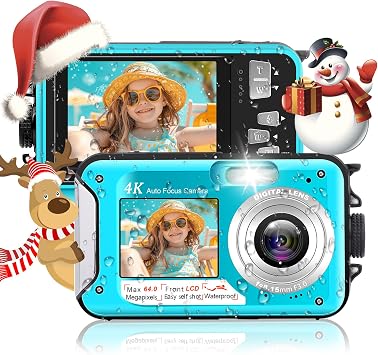 Waterproof Digital Camera, 64MP 4K Autofocus Underwater Camera, 16FT Submersible Snorkeling Camera, Dual Screen Selfie 16X Zoom Camera Include 32GB Card