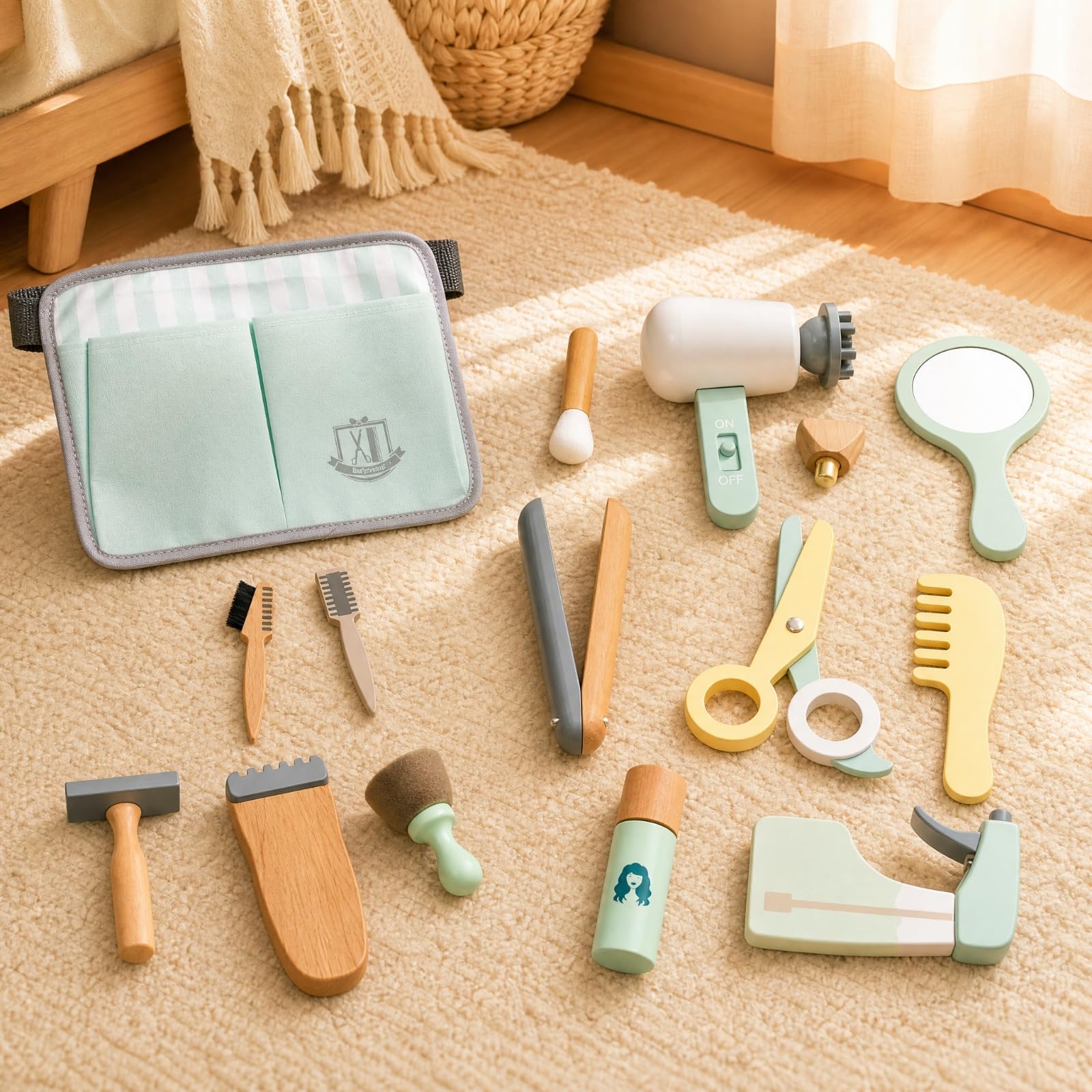 Kit di Bellezza Giocattolo Educativo Set da Parrucchiere Giocattolo in Legno Gioco di Ruolo Set da Parrucchiere con Asciugacapelli per