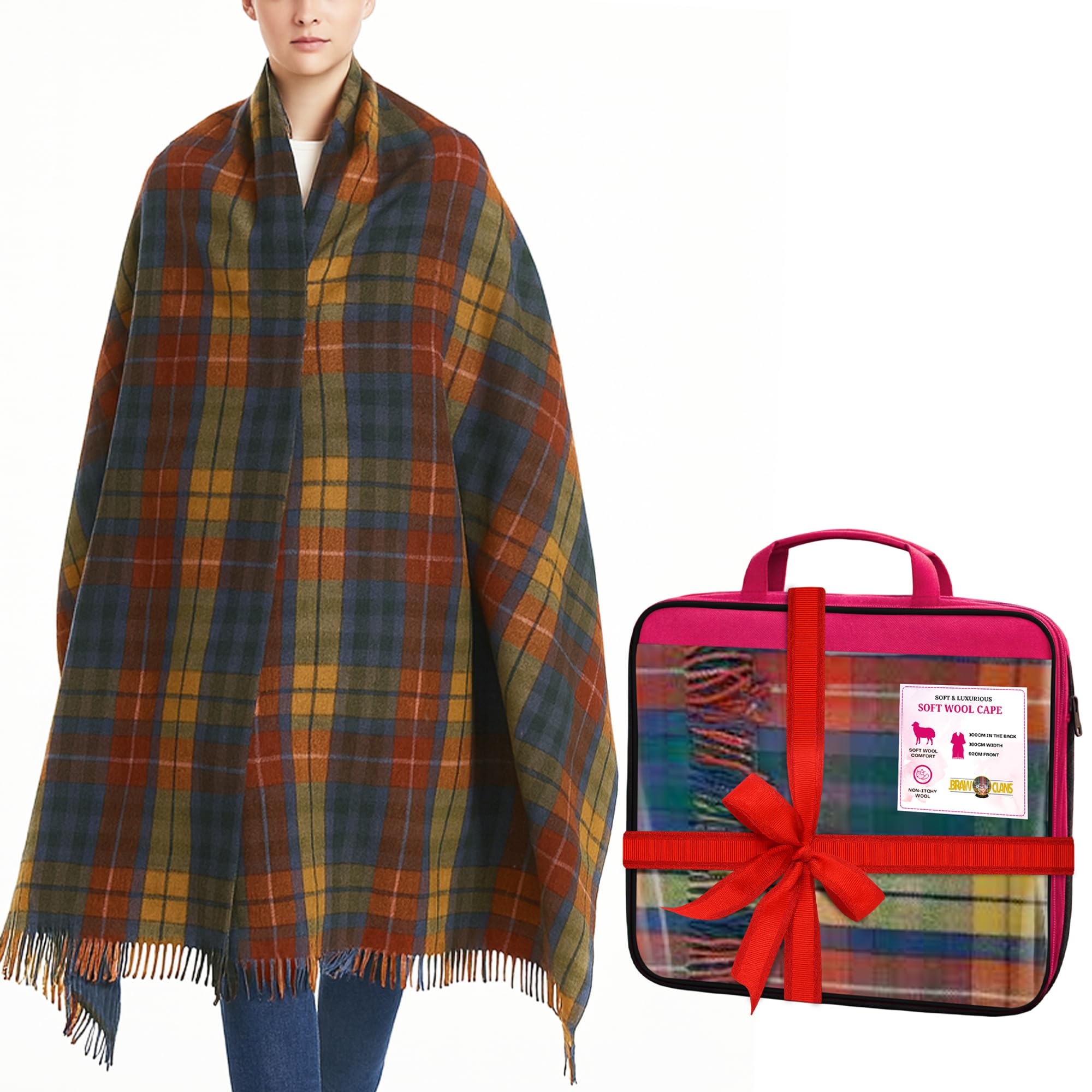 BRAW CLANS TARTANS Soft wool Tartan Poncho Blanket cape made in Scotland - Ruana cloak style - full body shawl - Mothers day Gift - Home, Travel, Camping - Buchanan Ancient Tartan
