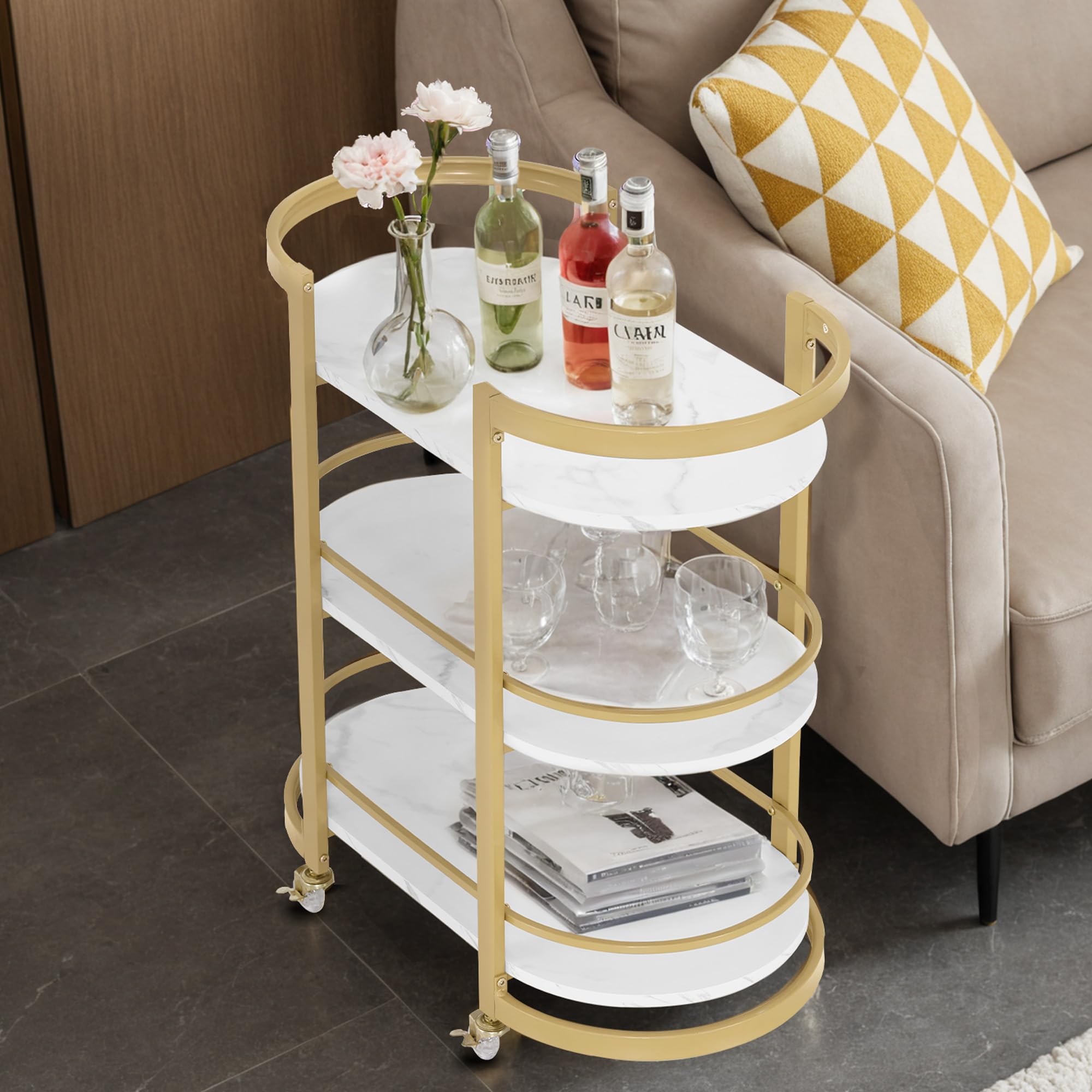 M MCombo carrello di servizio con rotelle, carrello da cucina carrello bar struttura in metallo bianco-oro, carrello moderno multiuso a 3 livelli, per cucina bagno soggiorno ufficio, 40x75,5x80, 0034
