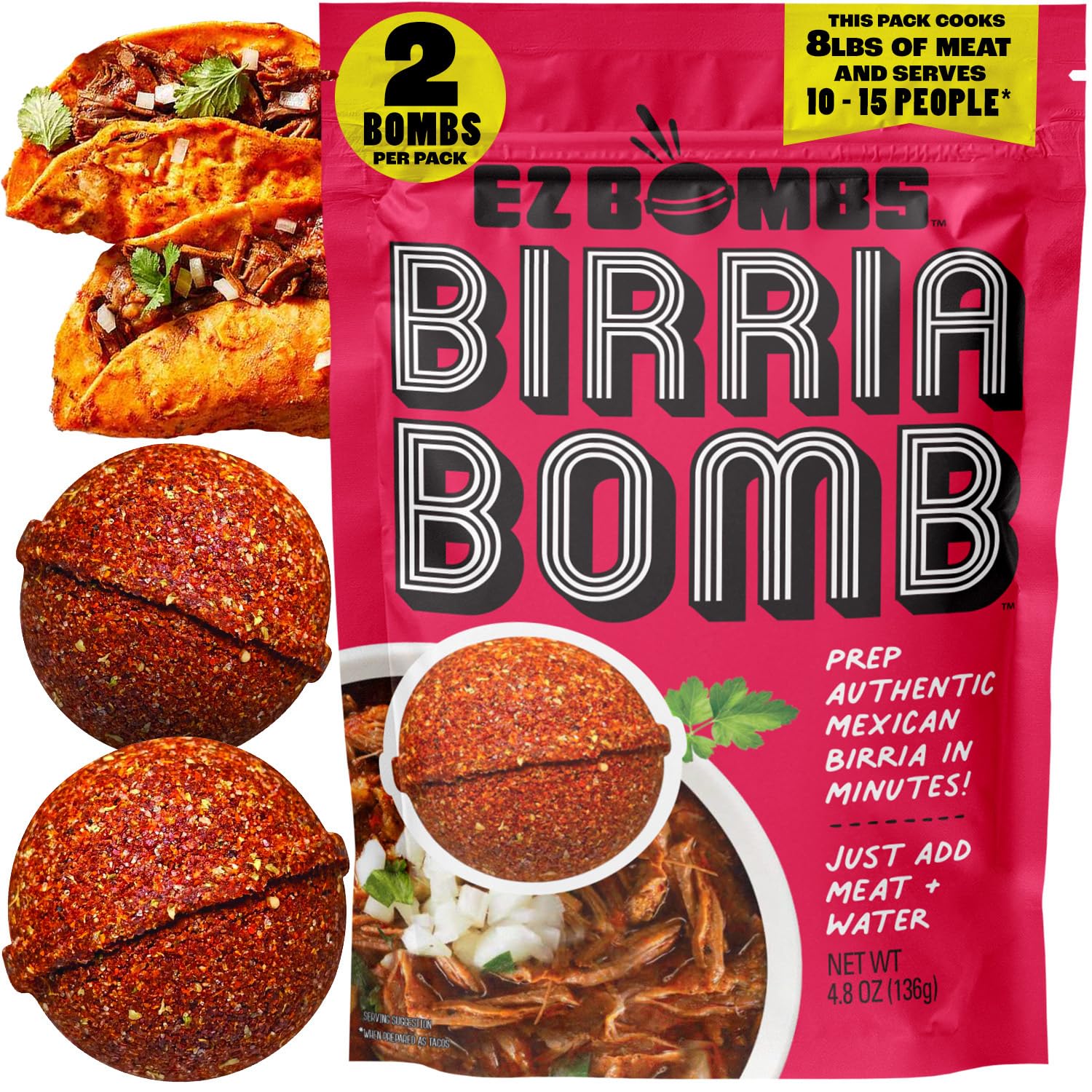 EZ Bombs Birria Bomb Seasoning, Pack of 2 – Authentic Mexican Spice Mix for Tacos, Burritos, Nachos, and Quesadillas – Made with Real Chiles, Herbs, and Spices for Quick and Flavorful Meals