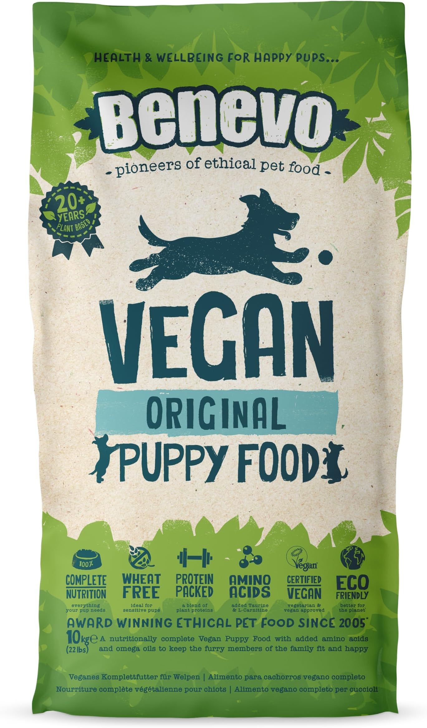 Benevo Vegan Puppy Food Dry (10kg) Hypoallergenic, Wheat Free & Non GM, With Essential Fatty Acids, Taurine, & L-carnitine, For Large & Small Breeds, Pure Veg, Approved By PETA & Vegan Society UK