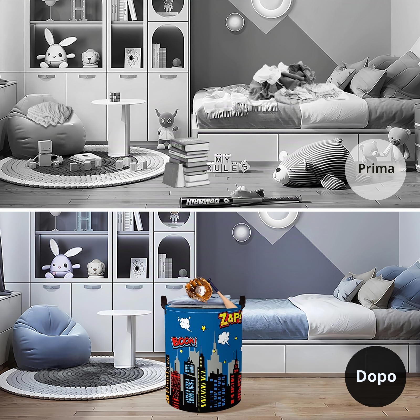 Clastyle Ceste Biancheria Bambini Città Skyline Blu con Coperchio per Ragazzo Ragazza Cestino Portaoggetti Giocattoli Pieghevole Vestiti Giocattolo con Manici per Bagno Cameretta, Skyline, 36x45 cm