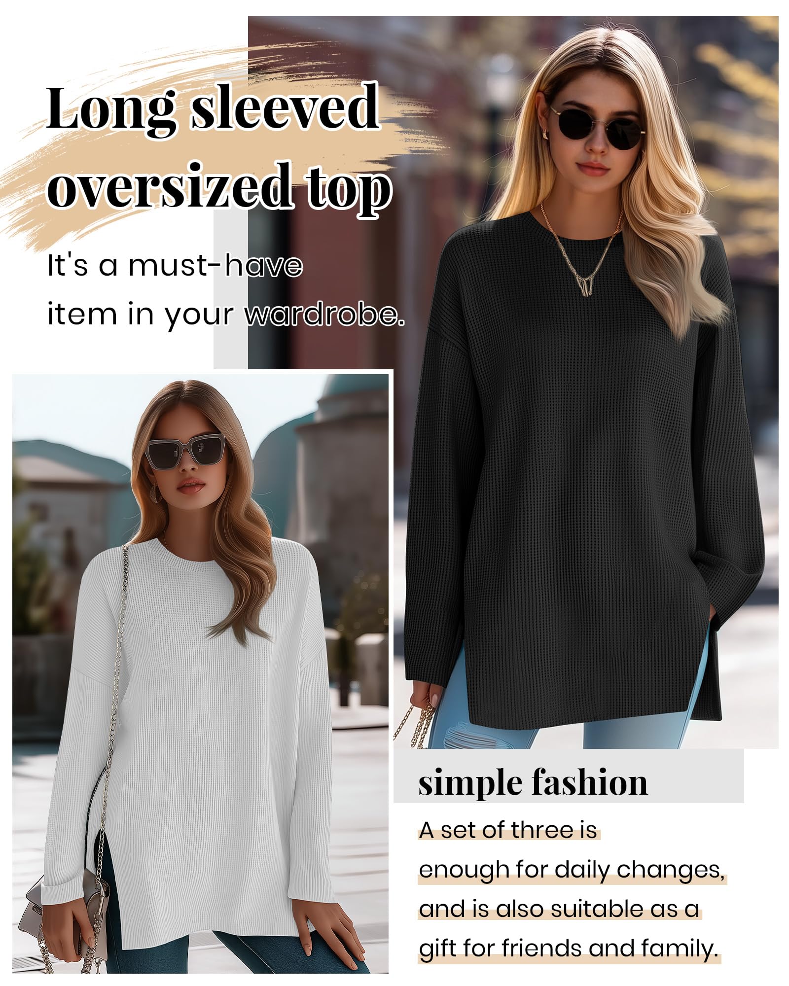 Tenare Pack de 3 Camisetas Waffle Mujer Manga Larga, Oversize Cuello Redondo, T-Shirts Amplias Otoño Invierno Básicas Blusas