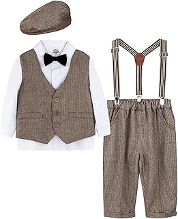 mintgreen Baby,Clothing,Baby Boys 0-24m,Outfits & Clothing Sets mintgreen Baby Boys Suits Sets, 4pcs Herringbone Tweed Christening Outfit Shirt + Waistcoat + Trousers + Suspenders + Hat, 1-3 Years