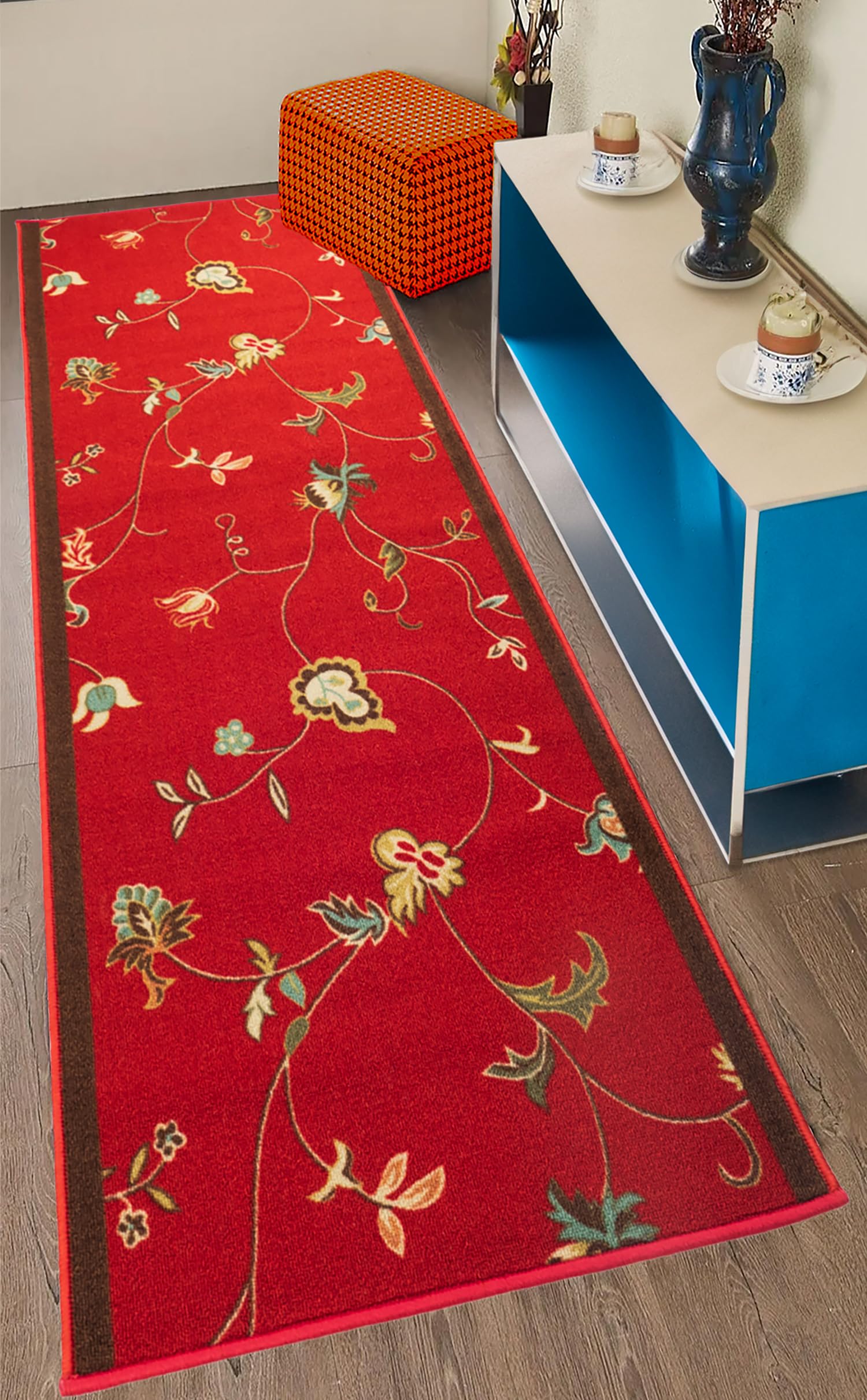 English Home Custom Size Non Slip Washable Floral Design Runner Rug (Floral Red, 36" x 10')