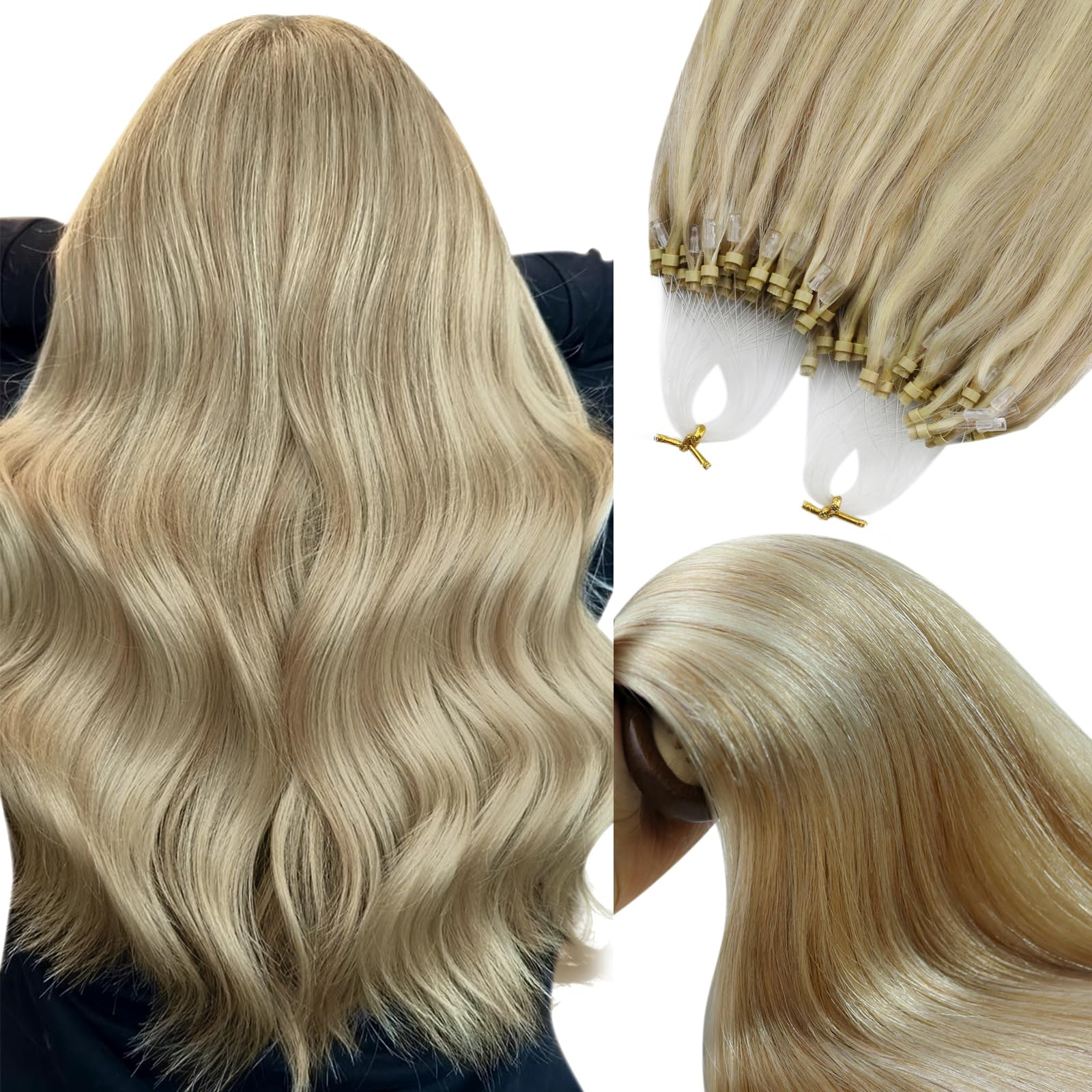 YoungSee Nano Beads Hair Extensions Blonde 14inch Nano Hair Extensions Warm Ash Blonde Highlights Bleach Blonde Nano Ring Hair Extension Highlight for Women Cold Fusion 50g Short Straight 50s — view 56