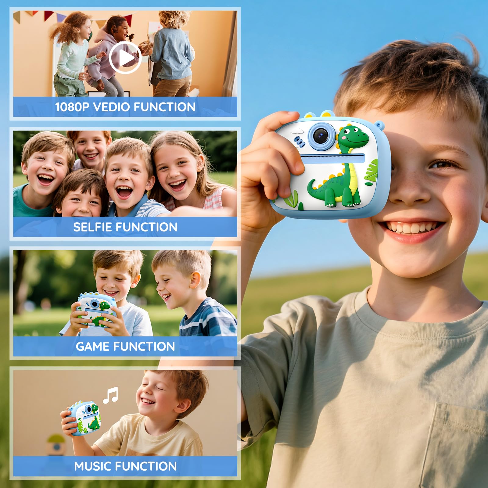 YOZISS Macchina Fotografica Bambini Istantanea, 1080P macchina fotografica istantanea bambini con 3 Rotoli di Carta da Stampa, Regalo per Bambini dai 3 a 14(Dinosauro Blu)
