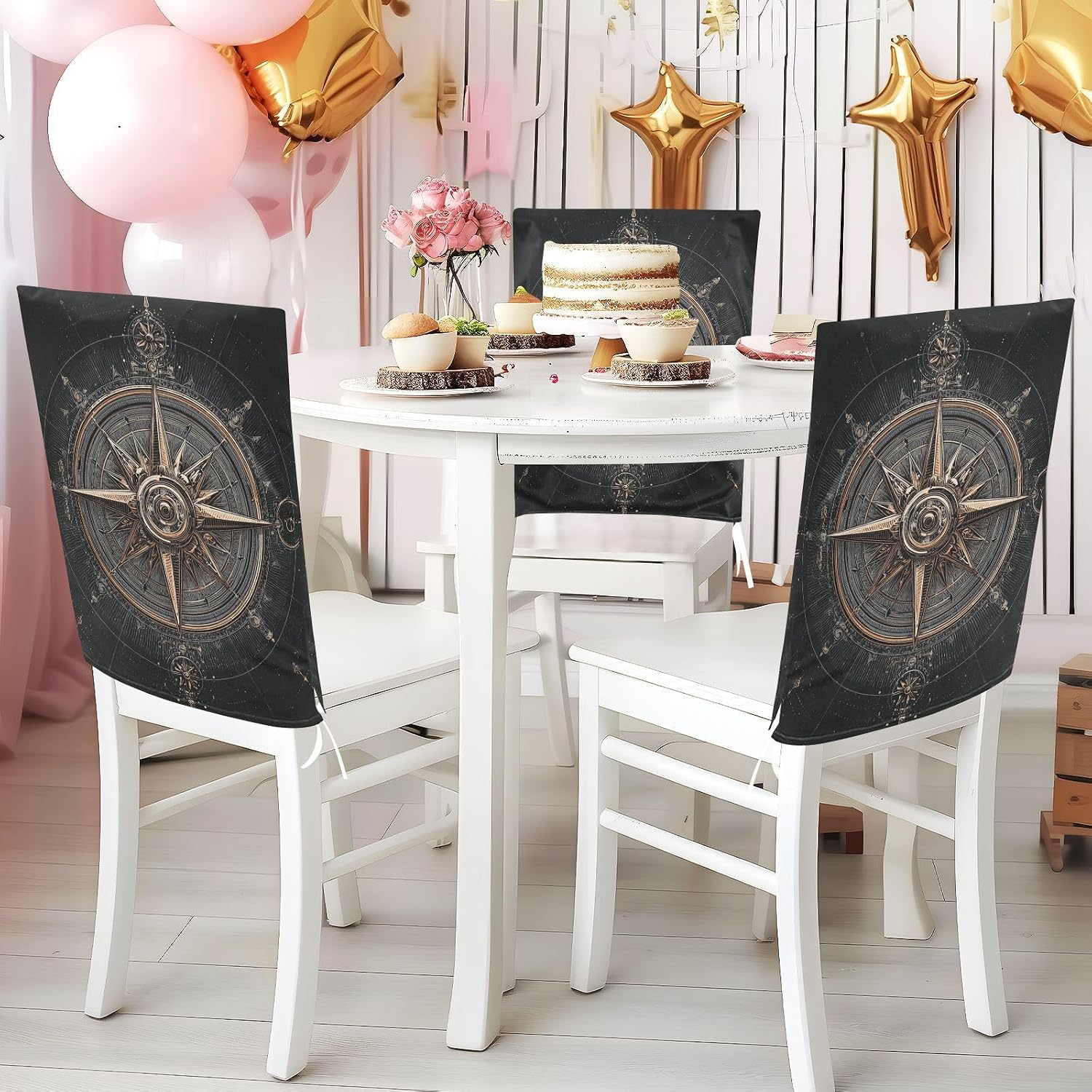 ALAZA Vintage Nautical Compasses Chair Back Cover Set of 6, Washable Reusable Removable Chair Slipcovers Decorative Chair Cover for Home Kitchen Wedding Party