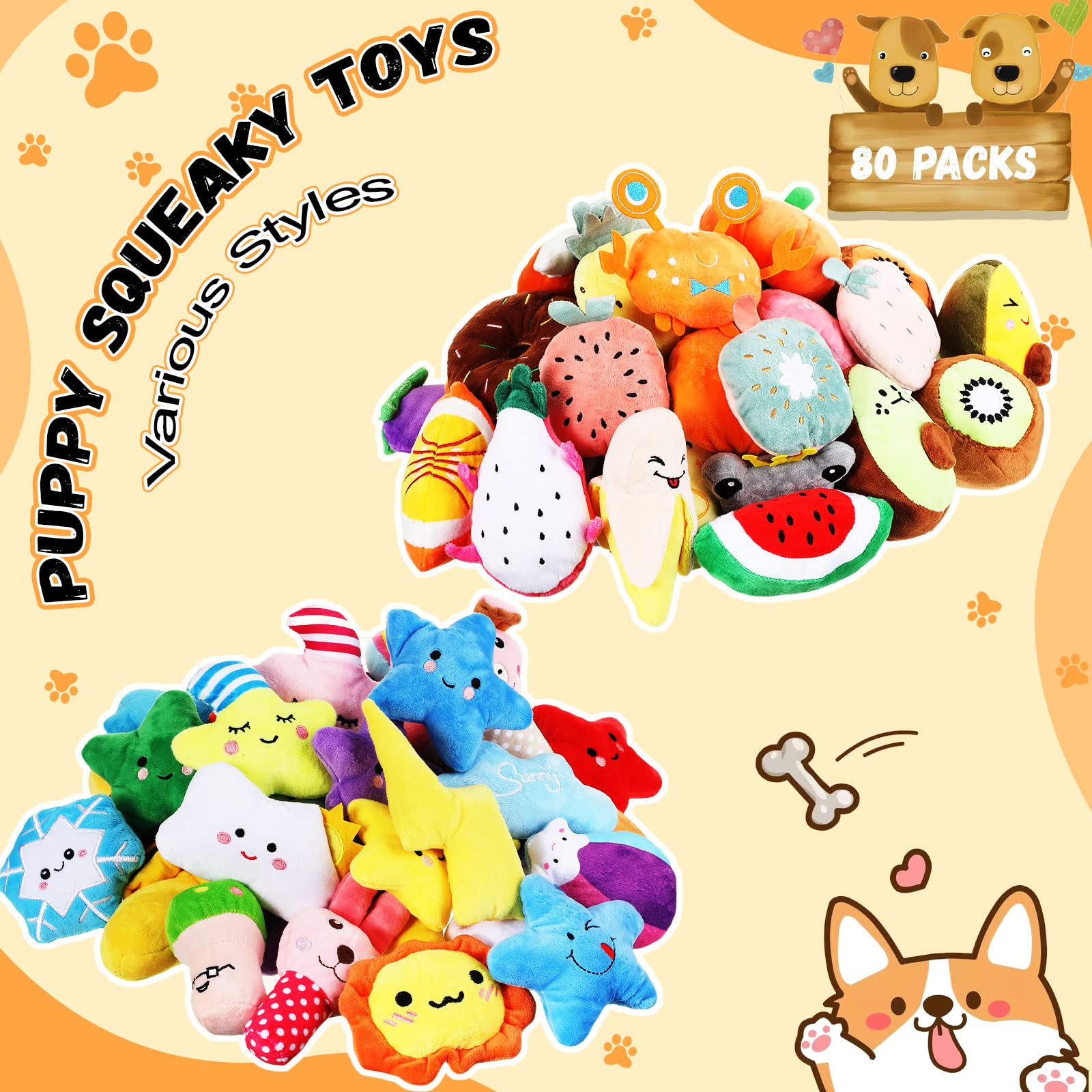 Hungdao Quietschende Hundespielzeuge für kleine Hunde, niedlich, Plüsch, gefüllt, Welpen, Kauspielzeug, Zahnspielzeug, Ostergeschenk zum Kauen, Reinigen und interaktives Spielen, 80 Stück