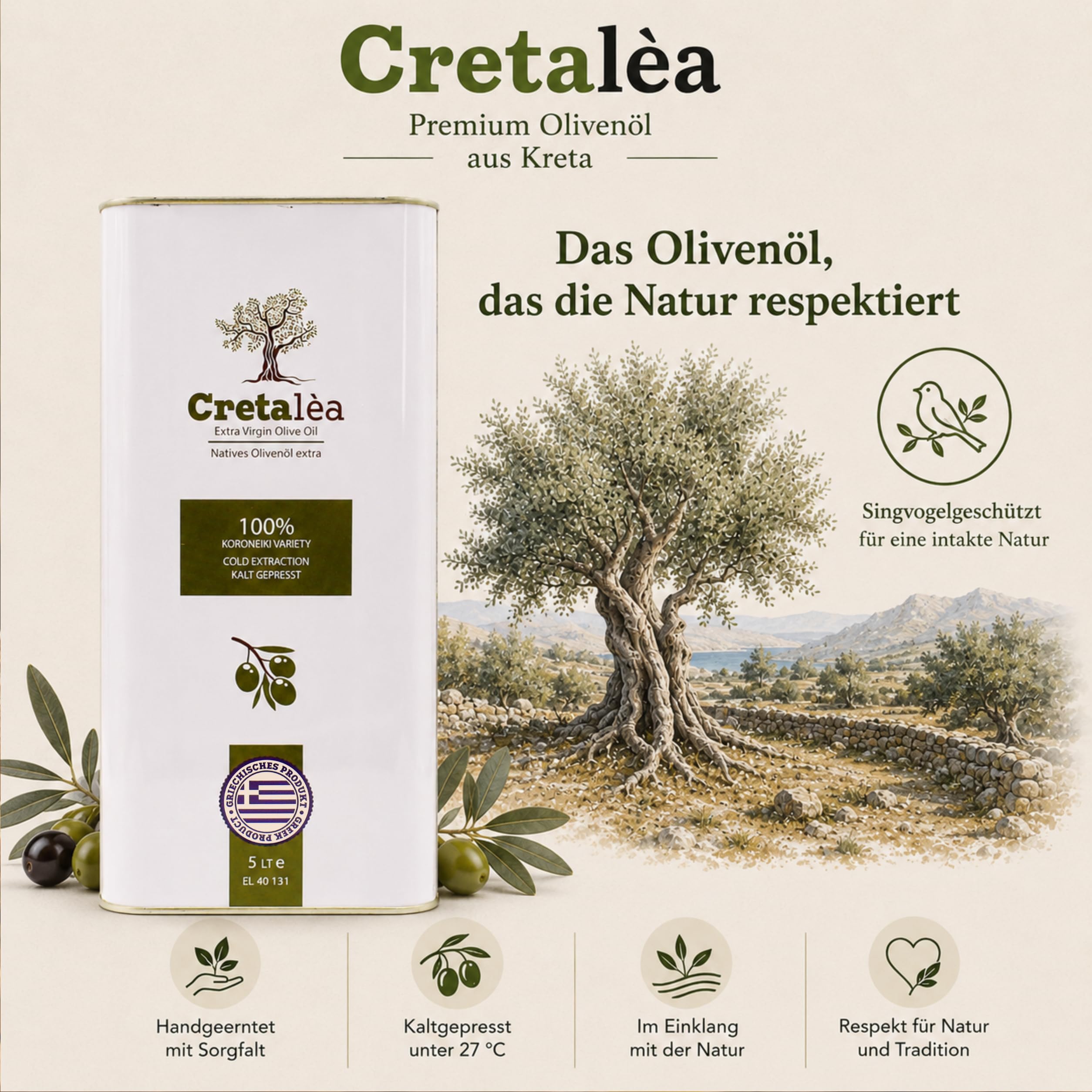 Olivenöl 5 Liter Extra Nativ – Kaltextrahiert aus Kreta - Erste Güteklasse | Singvogelgeschützt