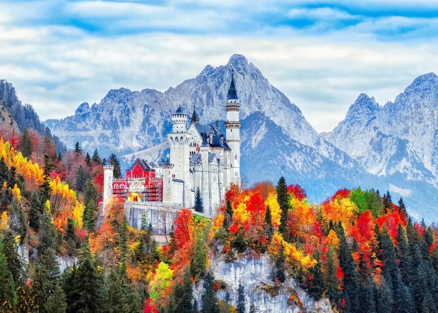 BELECO 7x5ft Germany Neuschwanstein Castle Backdrop Fabric Colorful Fall Forest Snow Mountains Scenery Europe Bavaria Tourism Resort Background