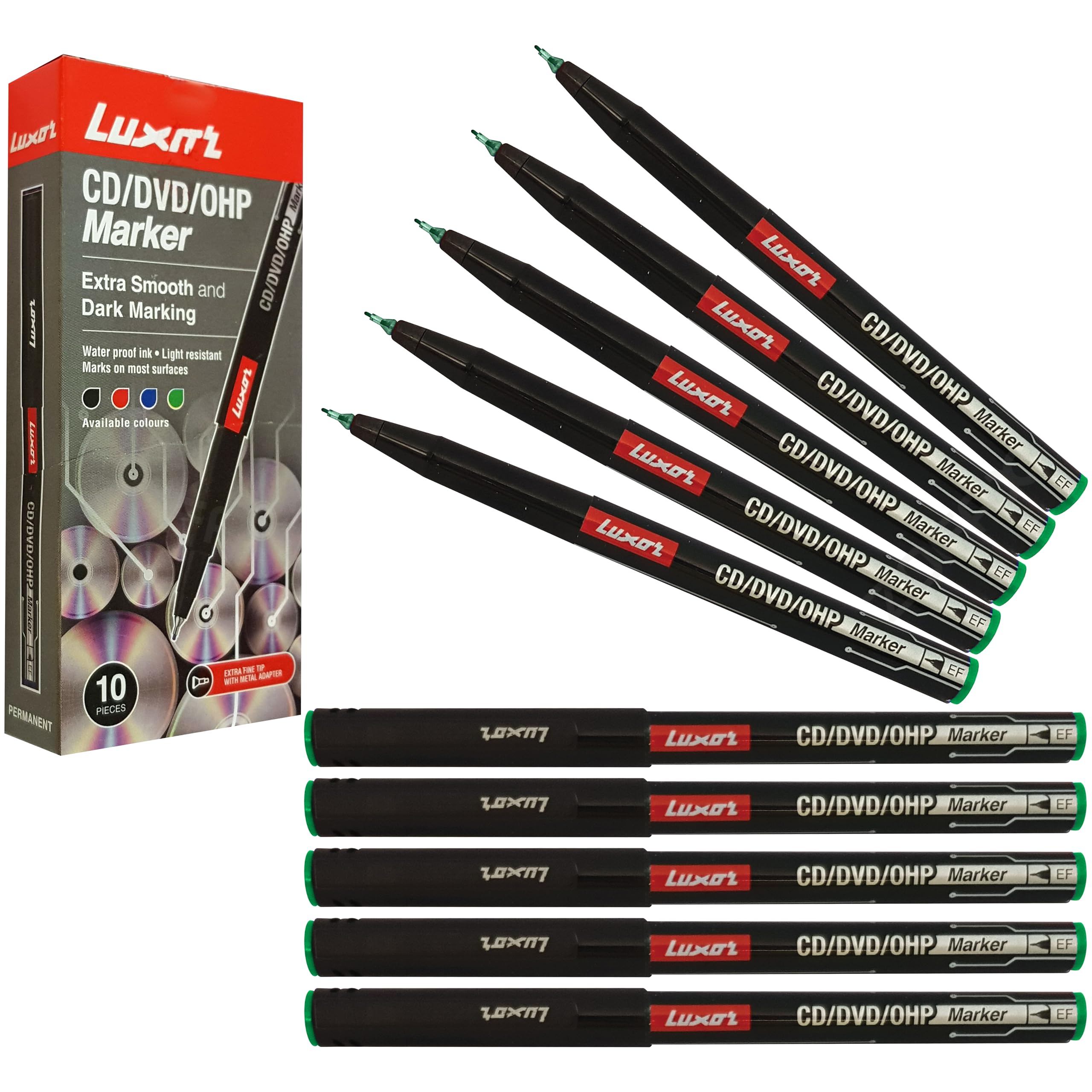 Luxor Permanent Marker Pens, GREEN, Extra Fine Tip, Pack of 10, CD/DVD/OHP Smooth Surface Markers, Waterproof Ink, Mark Write Draw, iZOFAX Black Ball Pen