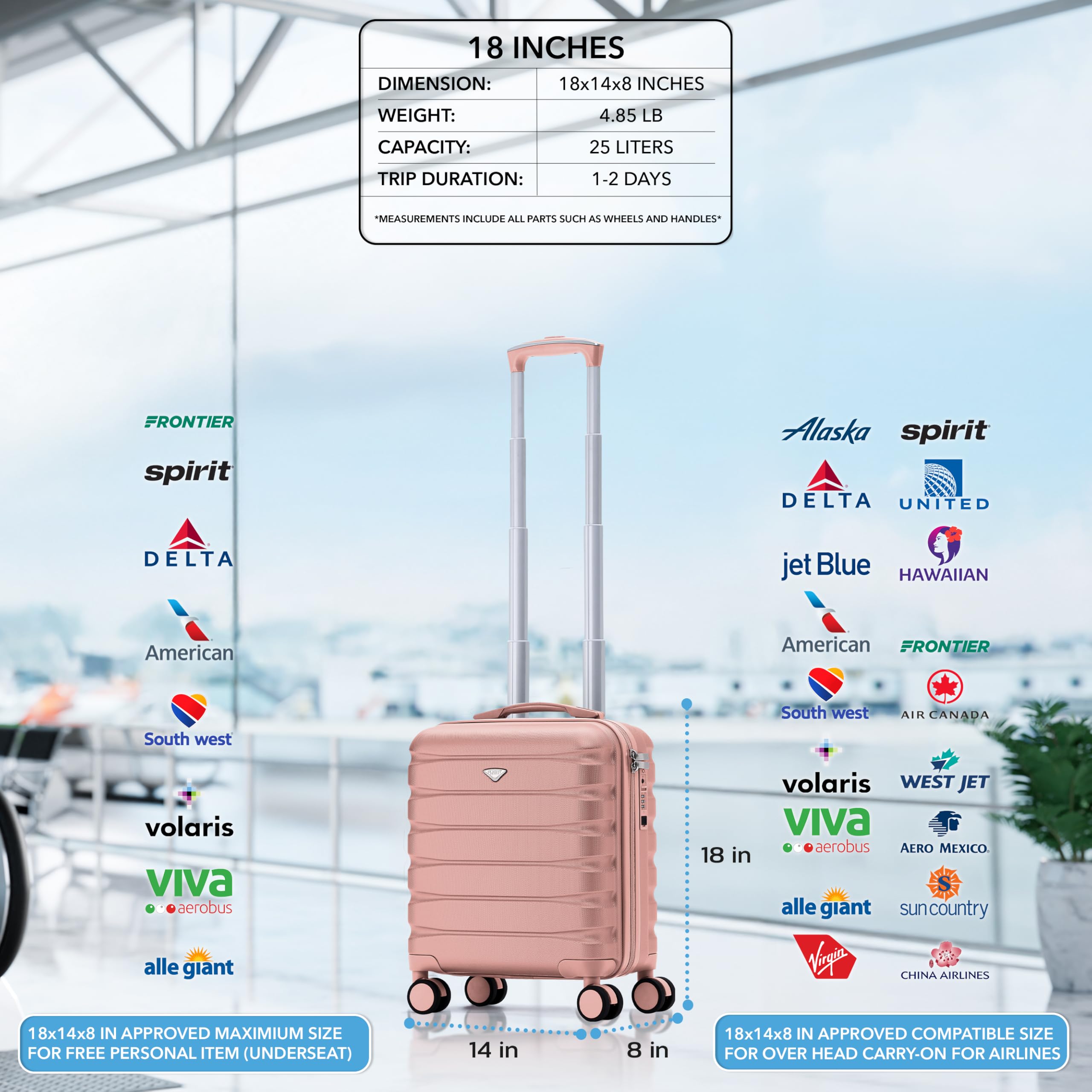 Flight Knight Valigia rigida con serratura TSA integrata e porta USB, leggera, silenziosa, doppia ruota, dimensioni massime della borsa da trasporto per compagnie aeree americane e unite